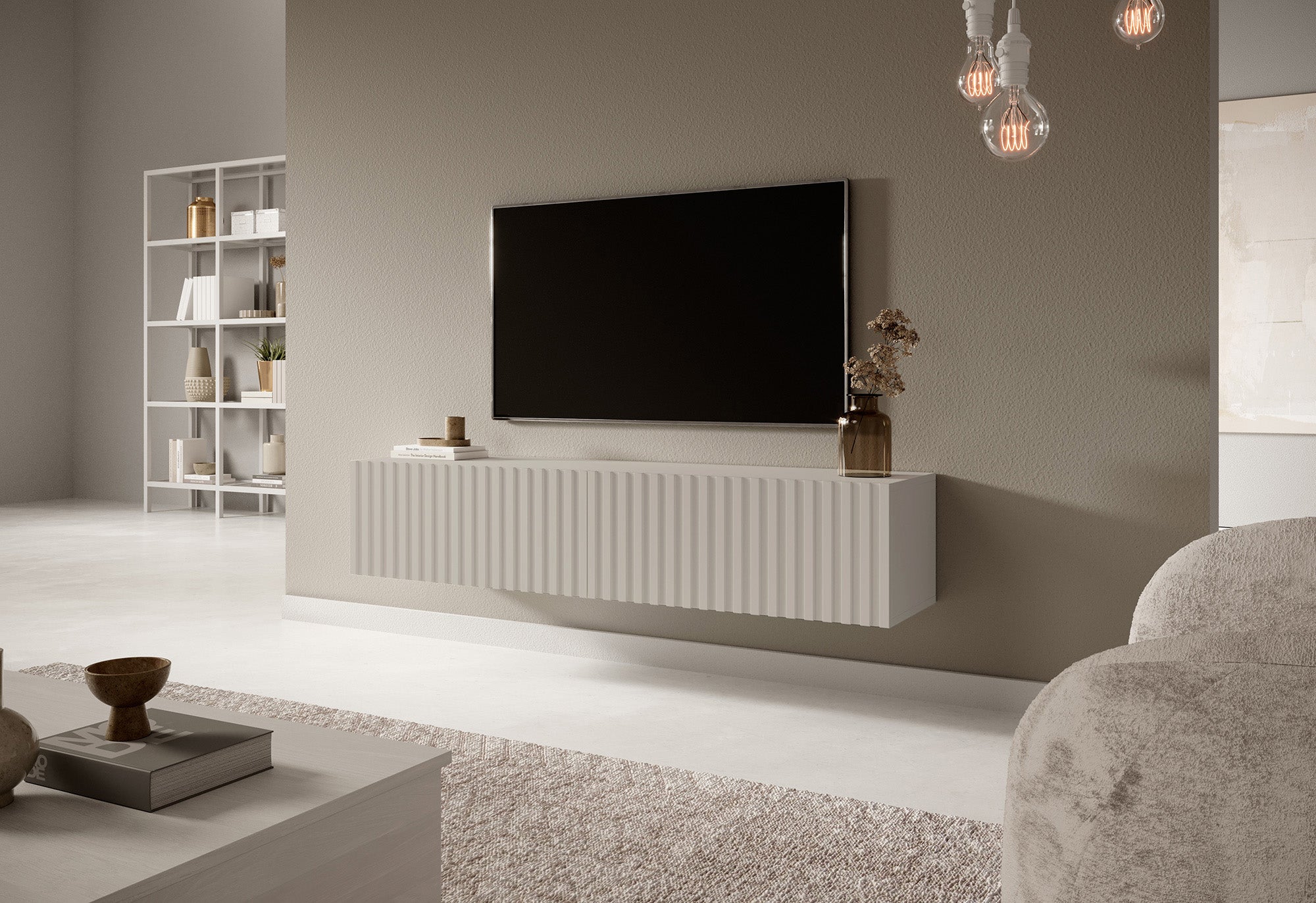TV-Schrank Telire 138,6 cm Grau-Beige mit Lamellenfront
