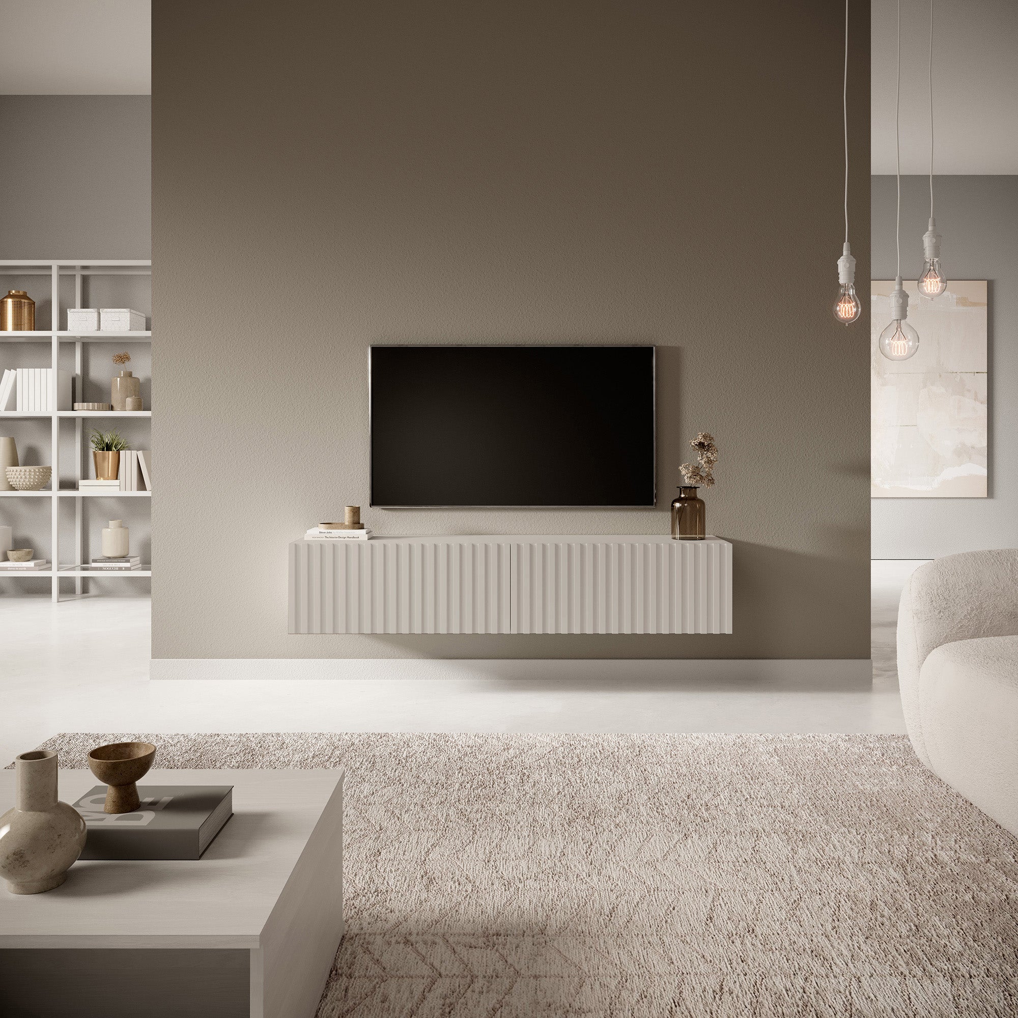 TV-Schrank Telire 138,6 cm Grau-Beige mit Lamellenfront