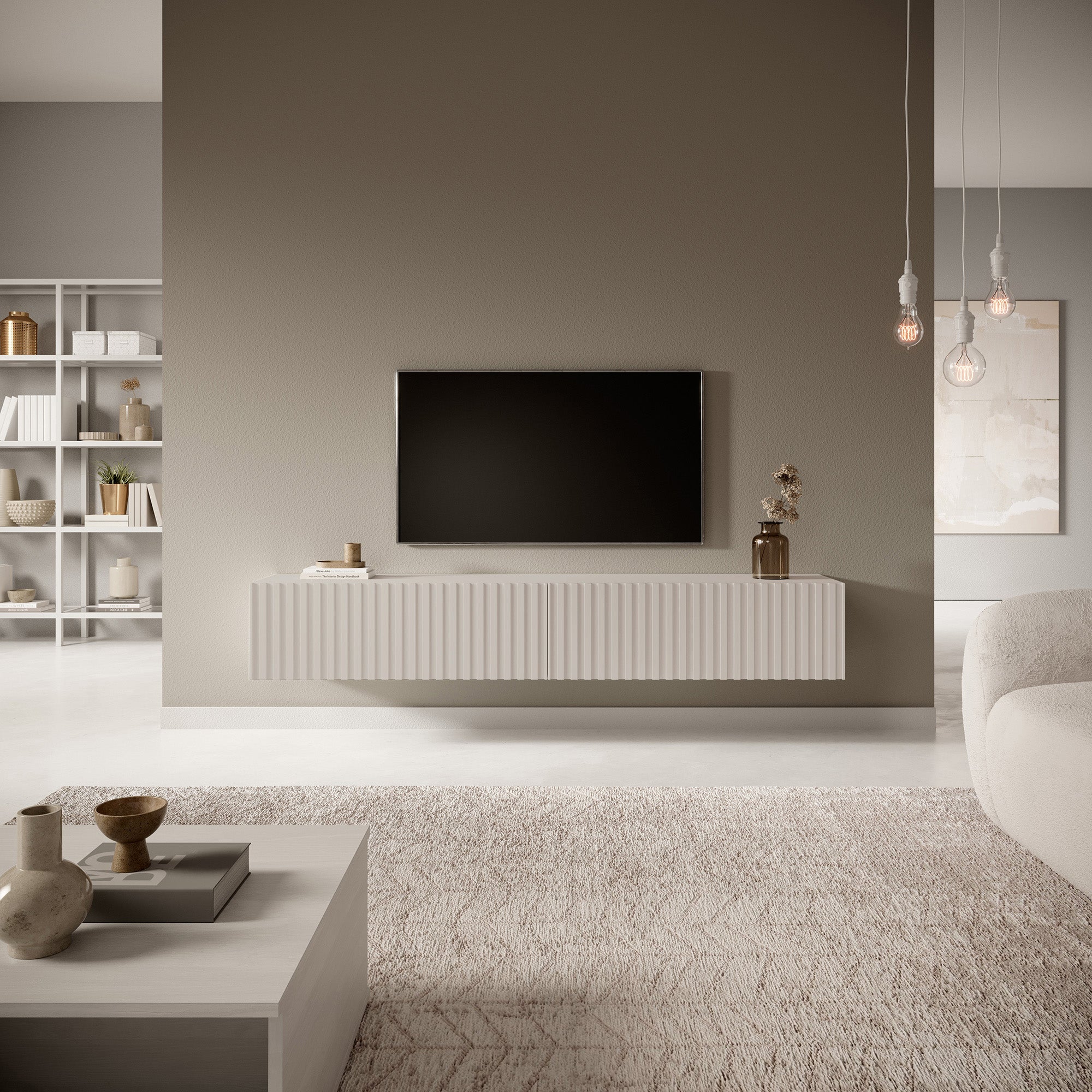 TV-Schrank Telire 175 cm Grau-Beige mit lamellenförmiger Front