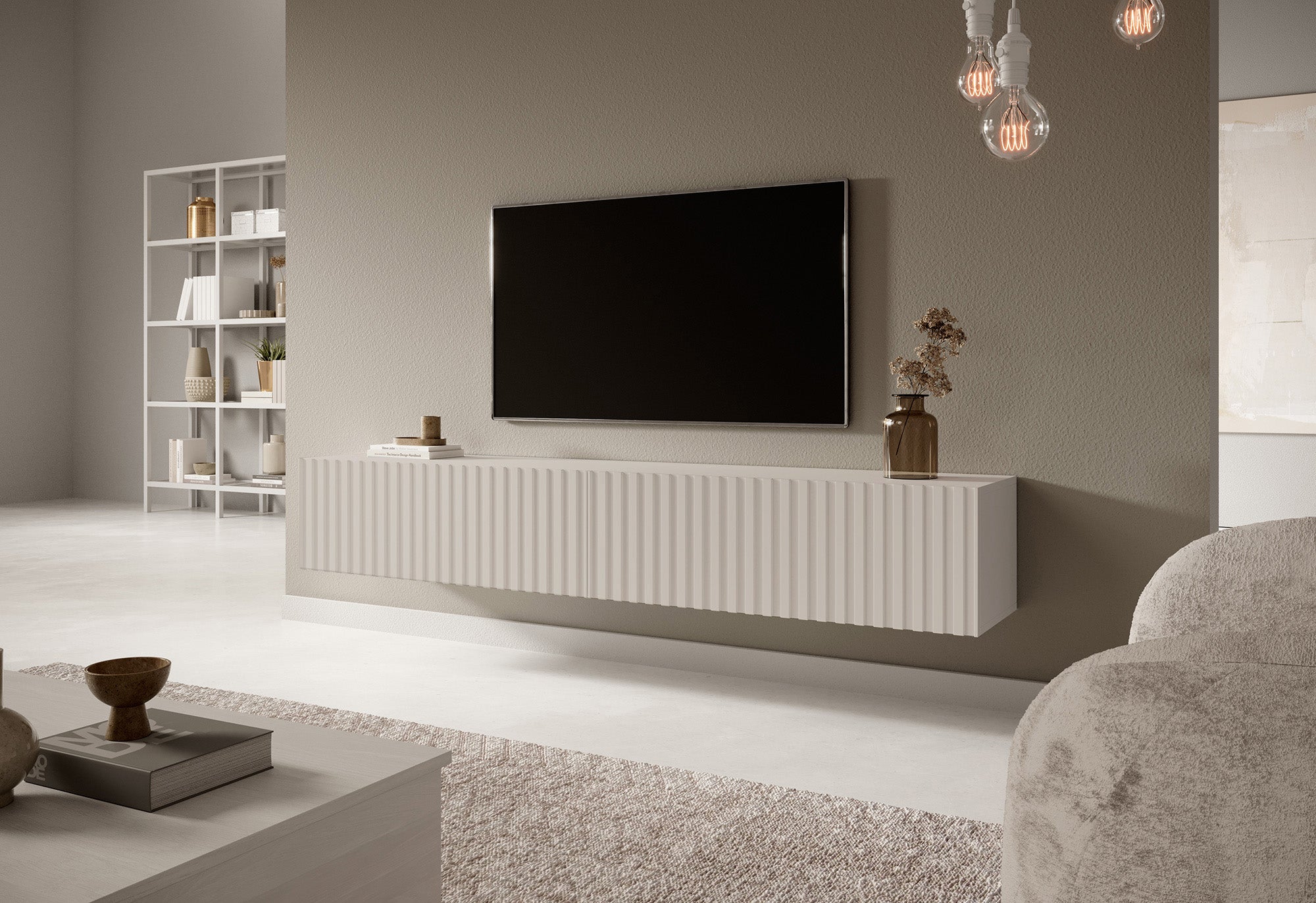 TV-Schrank Telire 175 cm Grau-Beige mit lamellenförmiger Front