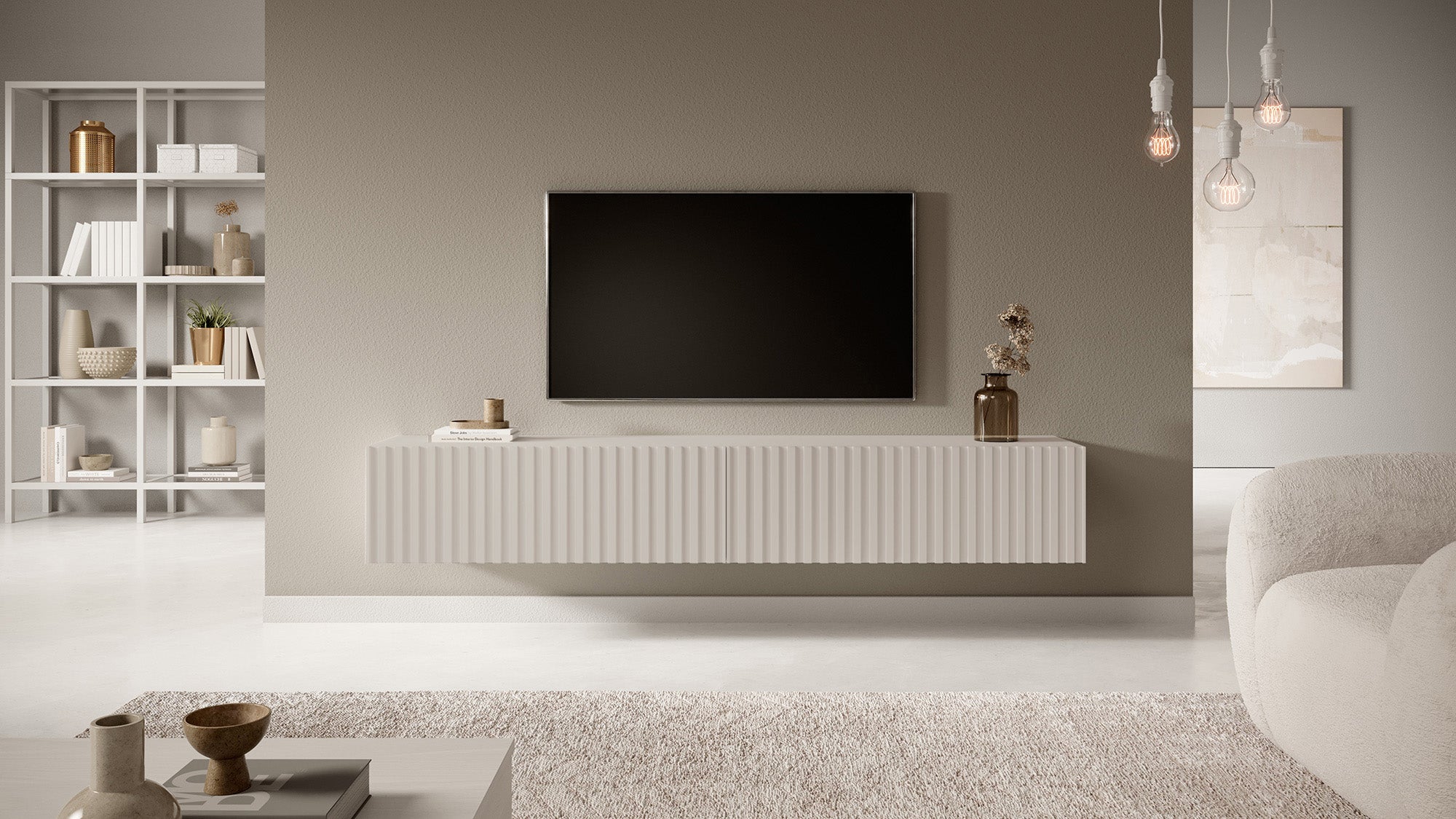 TV-Schrank Telire 175 cm Grau-Beige mit lamellenförmiger Front