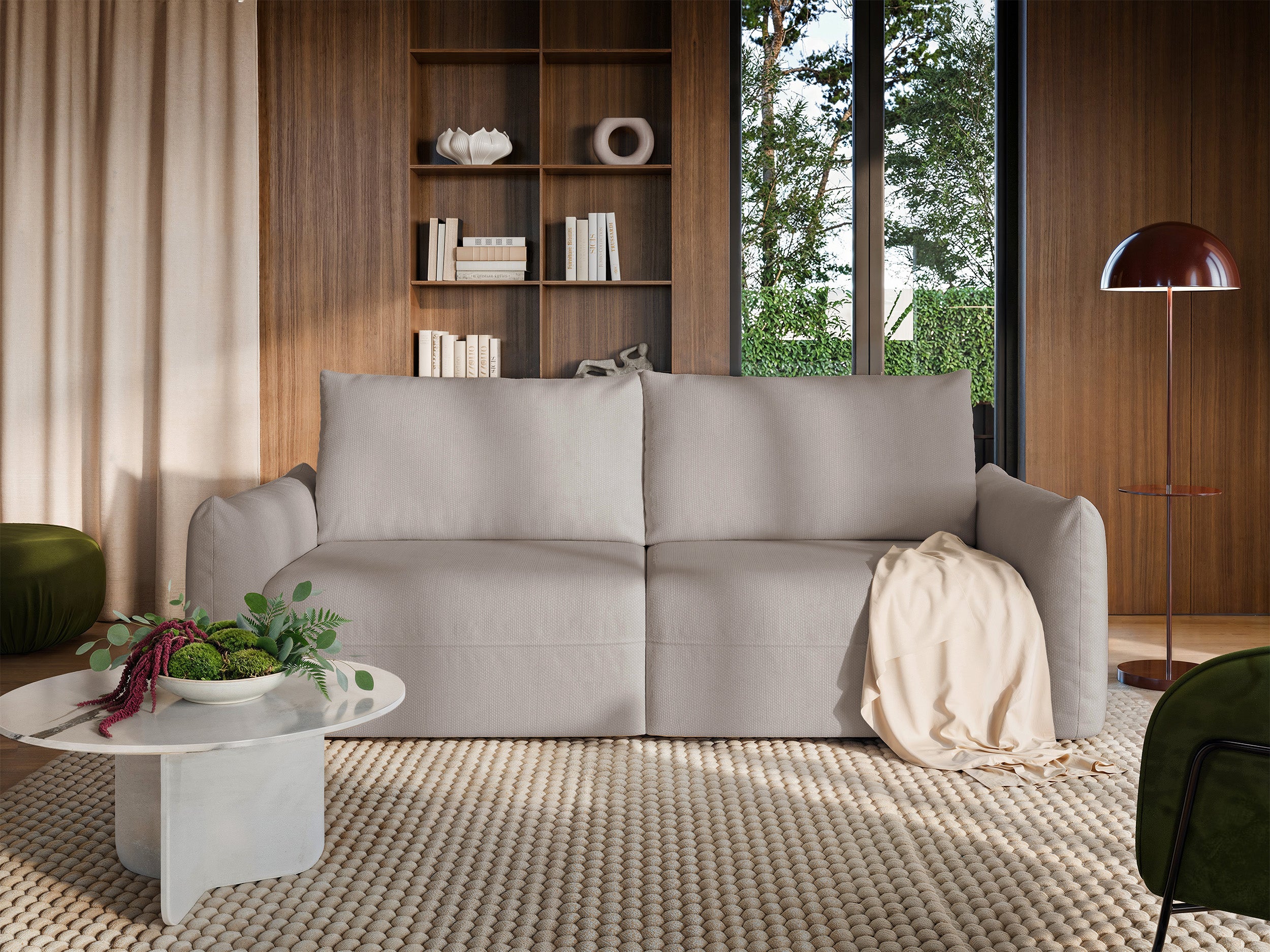 Dreisitziges ausklappbares Sofa Theolla mit Stauraum, hellbeiger Chenillestoff