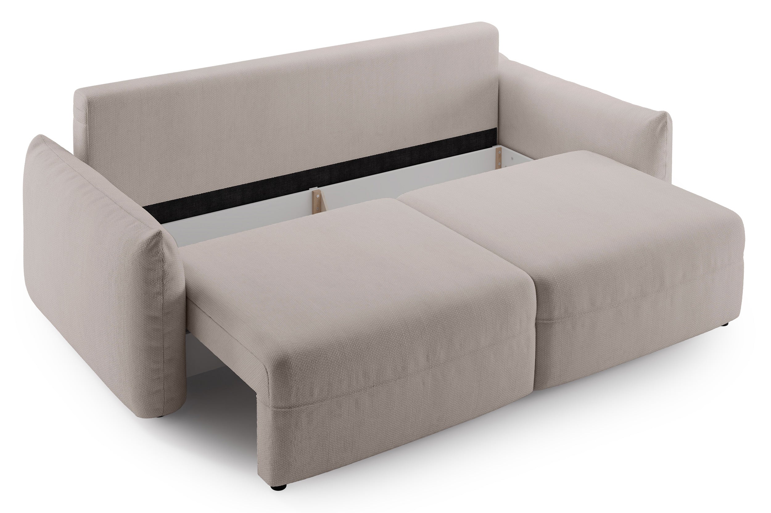 Dreisitziges ausklappbares Sofa Theolla mit Stauraum, hellbeiger Chenillestoff