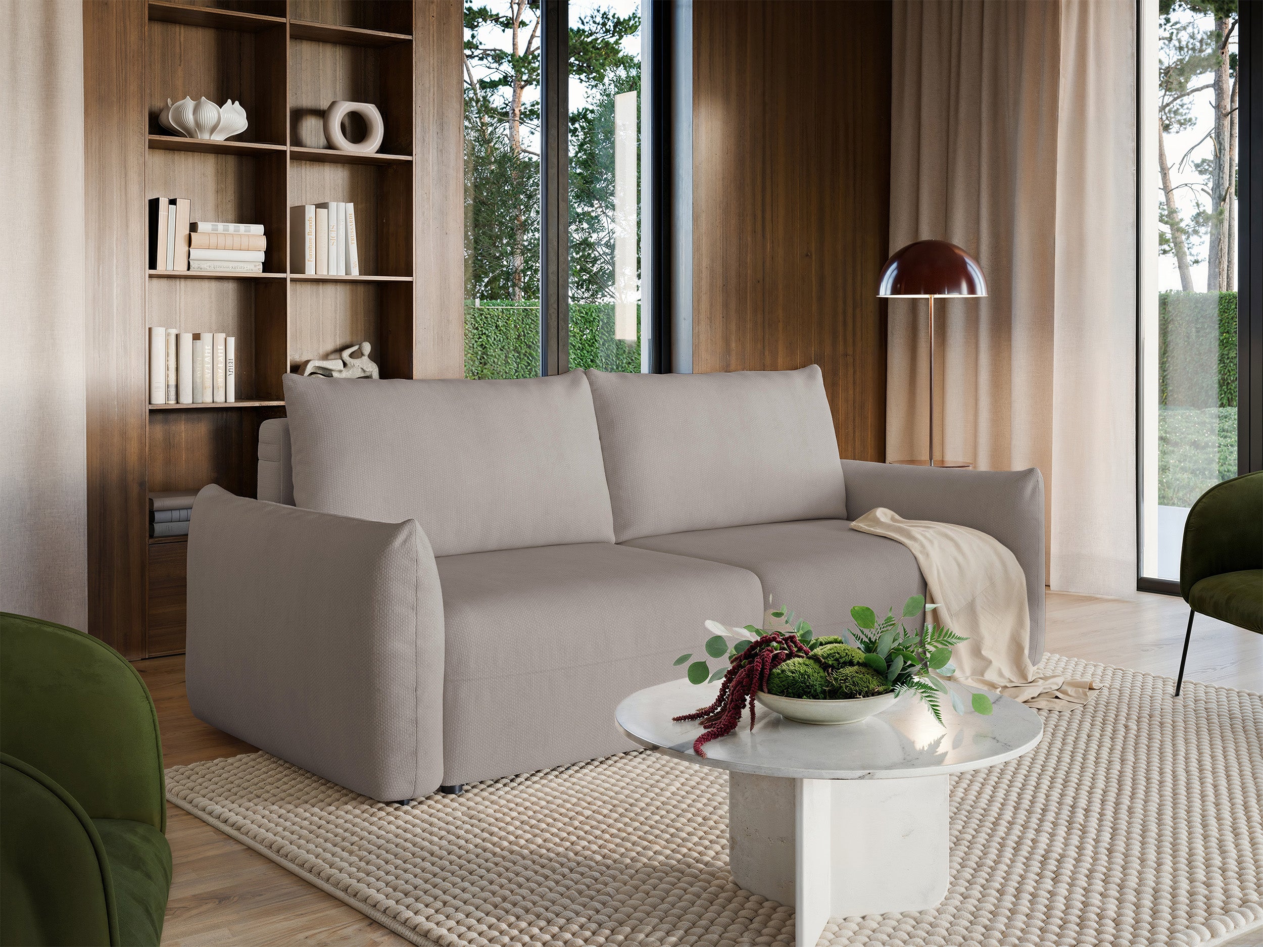 Dreisitziges ausklappbares Sofa Theolla mit Stauraum, hellbeiger Chenillestoff