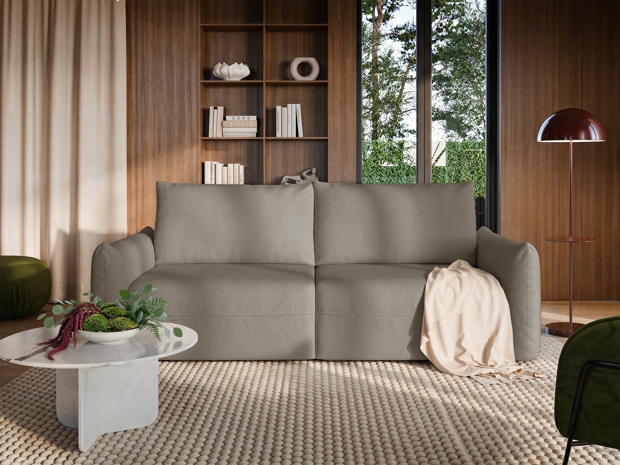 Dreisitziges ausklappbares Sofa Theolla mit Stauraum, beige Chenille