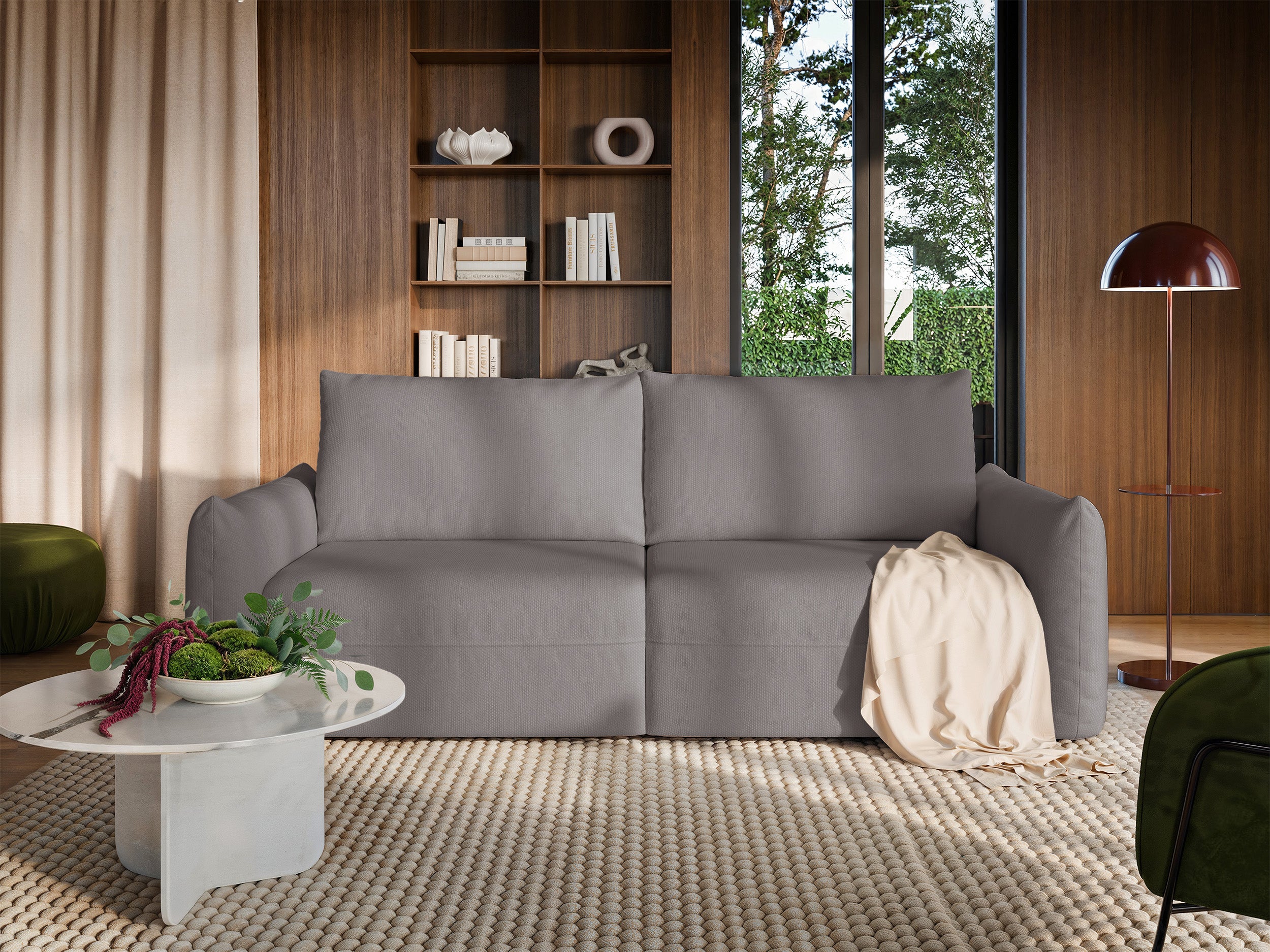Dreisitziges ausklappbares Sofa Theolla mit Stauraum, grau-beige Chenille