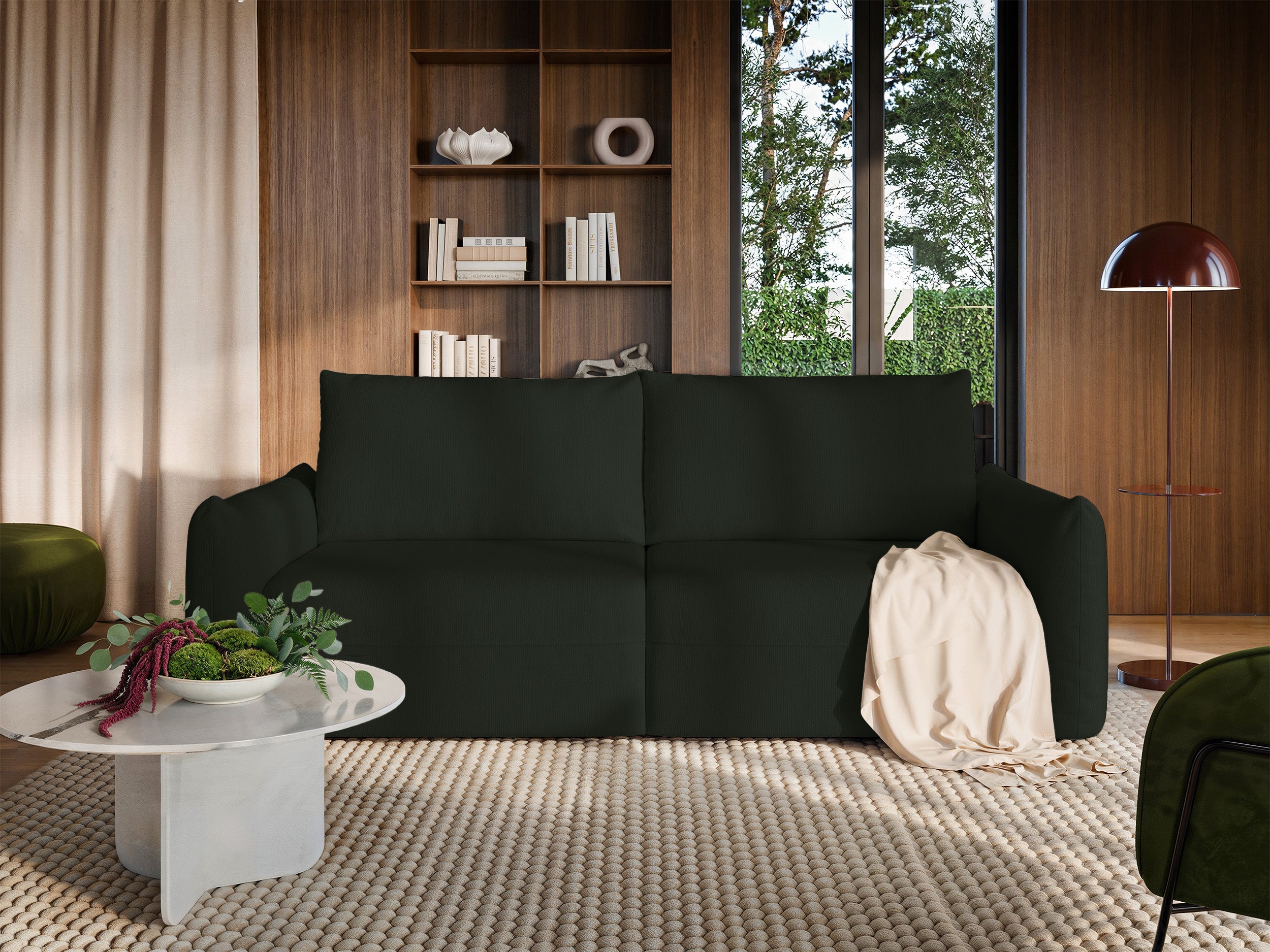 Dreisitziges ausklappbares Sofa Theolla mit Stauraum, grün Chenille