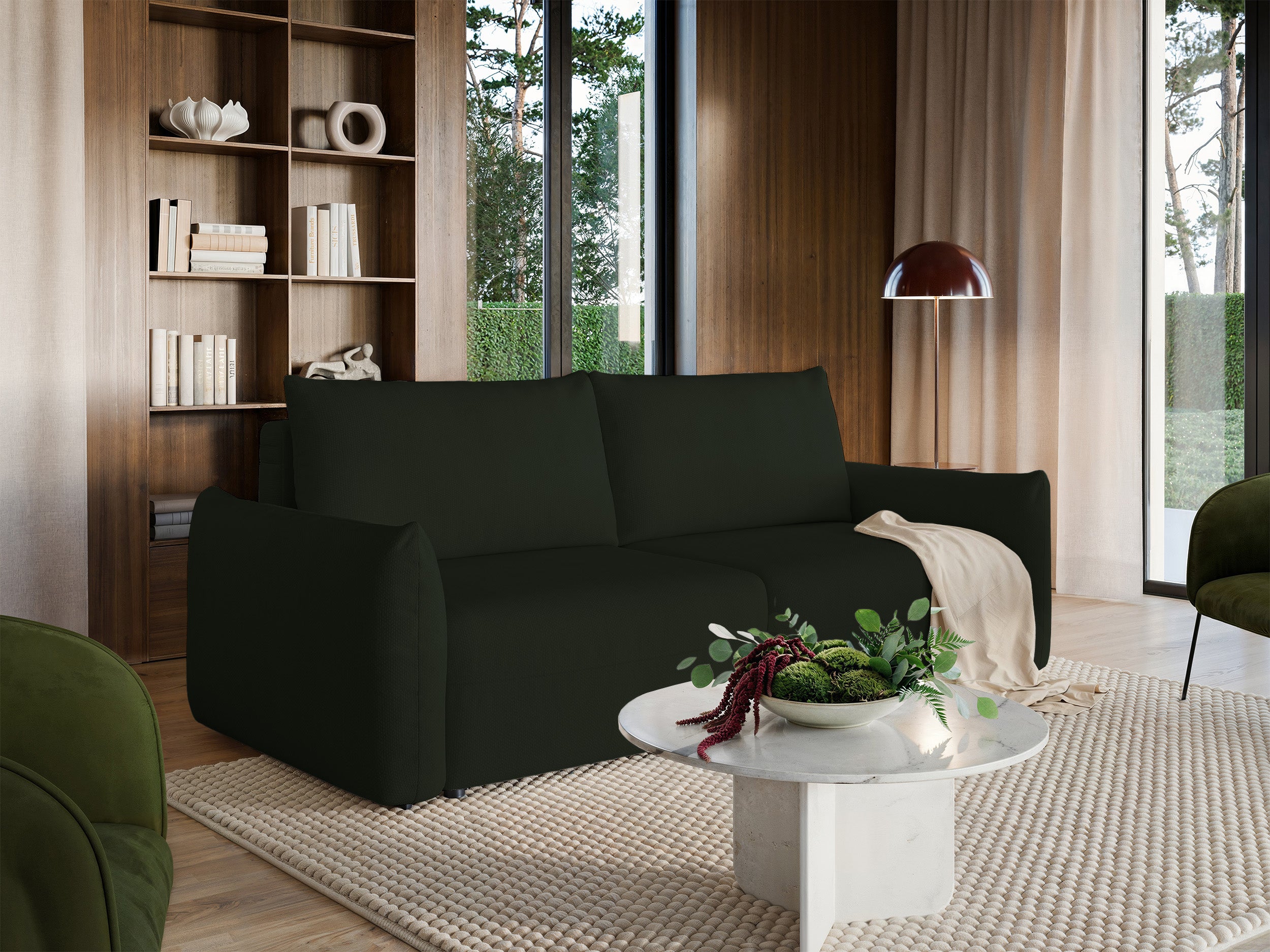 Dreisitziges ausklappbares Sofa Theolla mit Stauraum, grün Chenille