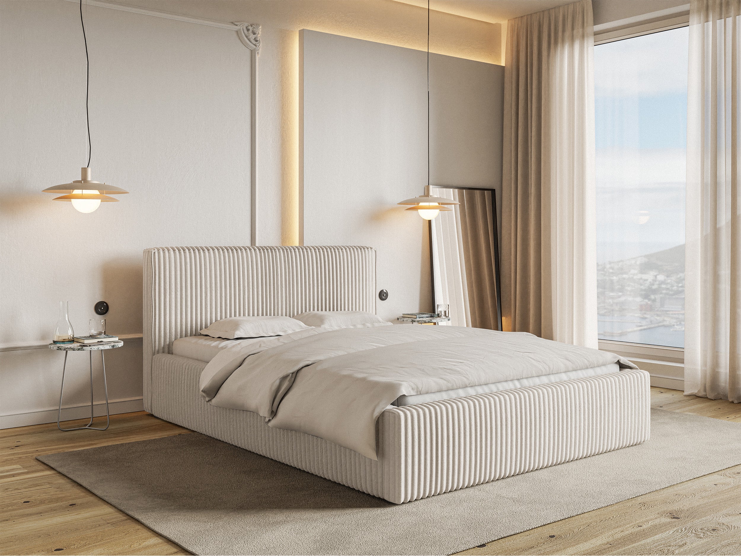 Polsterbett 180x200 cm Tilio mit Stauraum, Metallrahmen, cremefarben, dicker Cordstoff