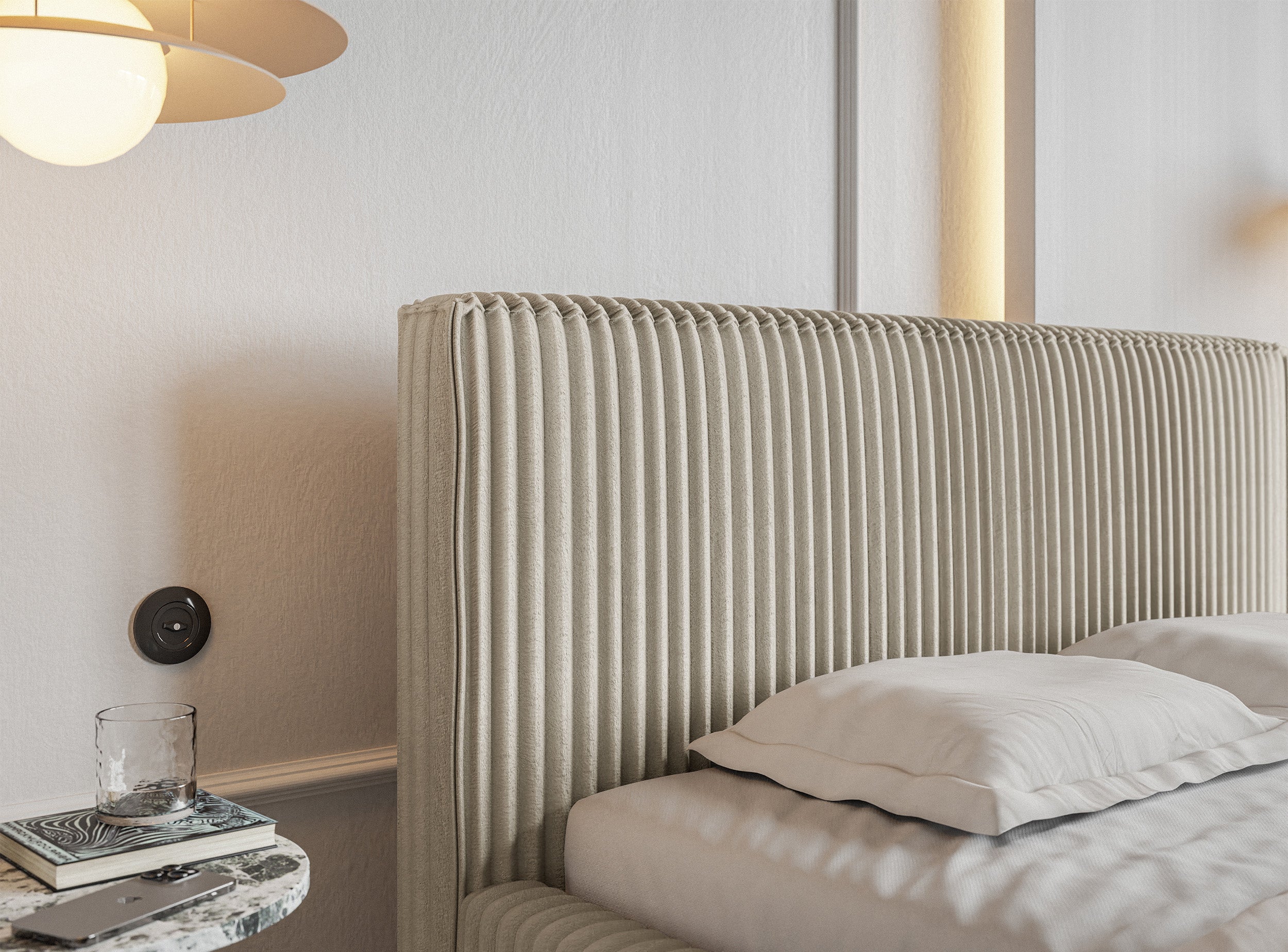 Polsterbett 160x200 cm Tilio mit Stauraum, Metallrahmen, hellbeige, dicker Cordstoff
