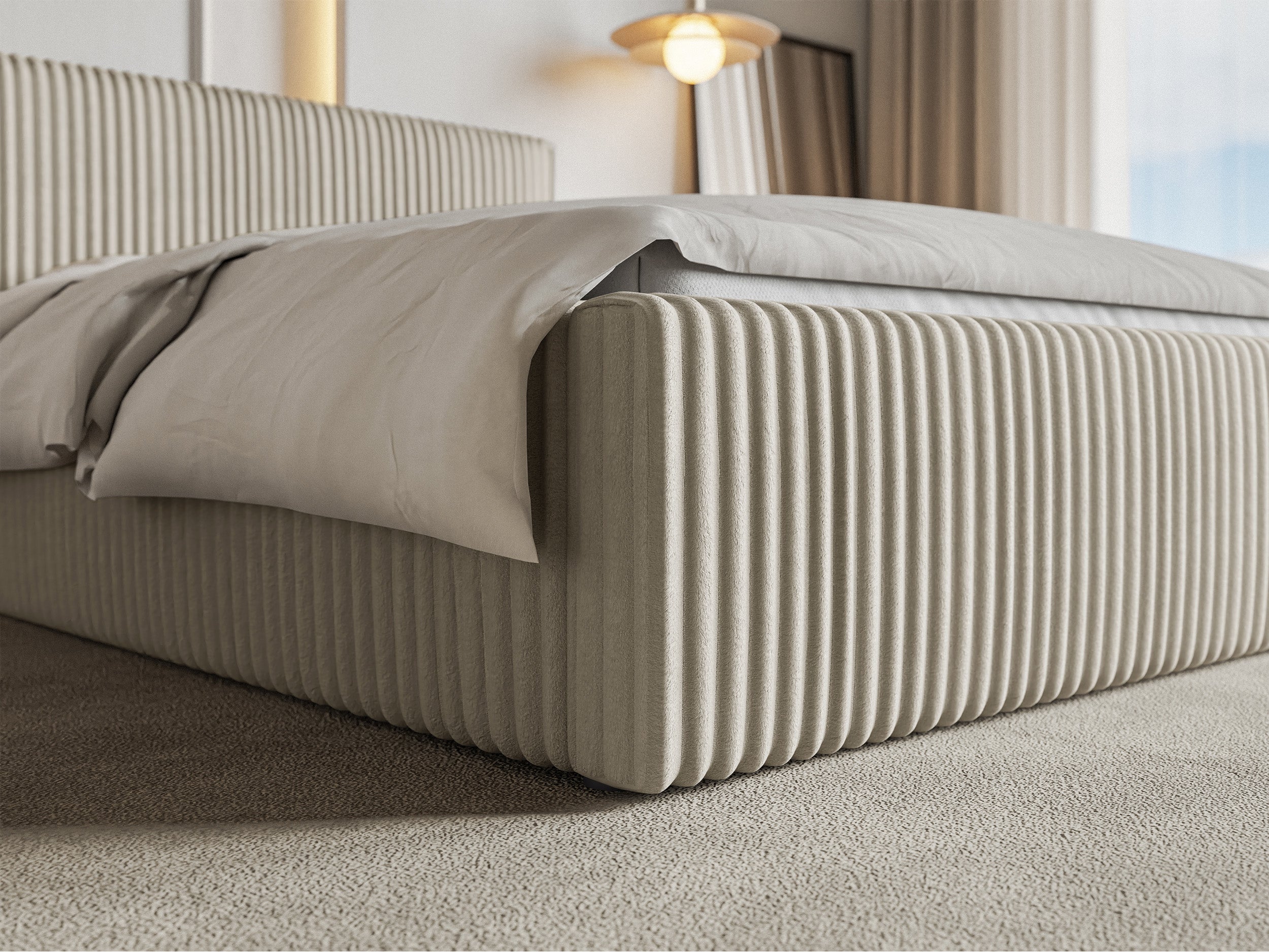 Polsterbett 160x200 cm Tilio mit Stauraum, Metallrahmen, hellbeige, dicker Cordstoff