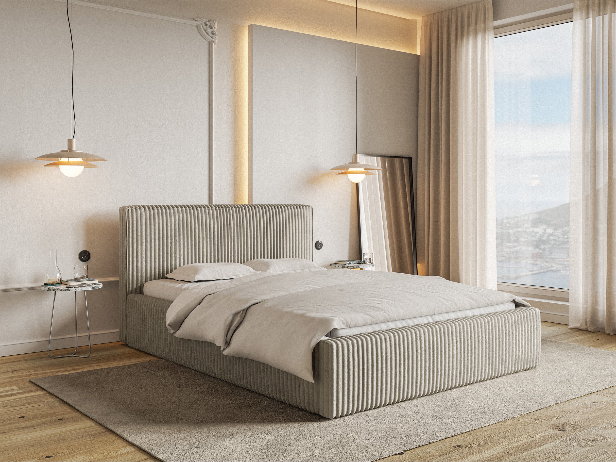 Polsterbett 160x200 cm Tilio mit Stauraum, Metallrahmen, hellbeige, dicker Cordstoff