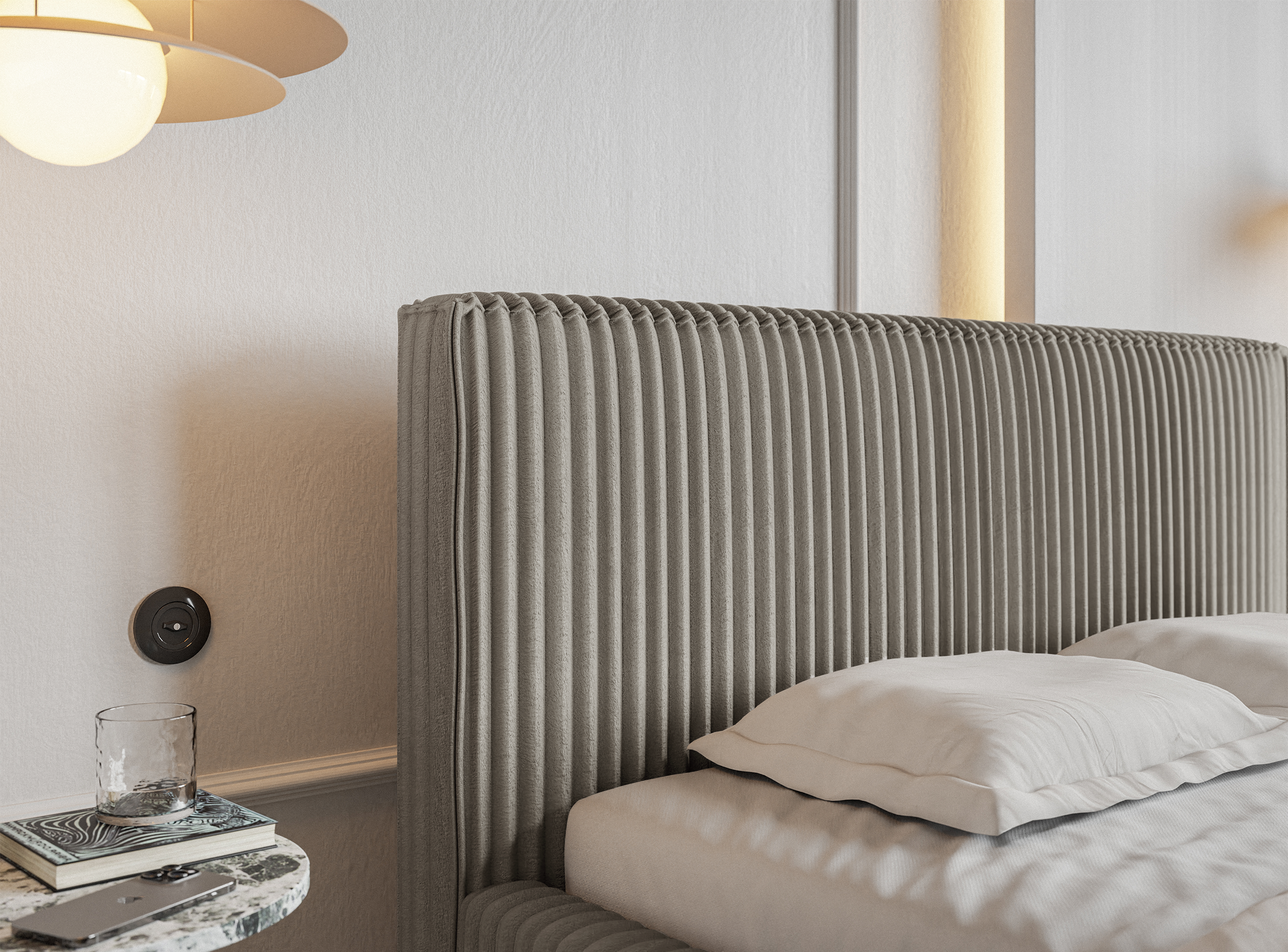Polsterbett 140x200 cm Tilio mit Stauraum, Metallrahmen, grau-beige, dicker Cordstoff