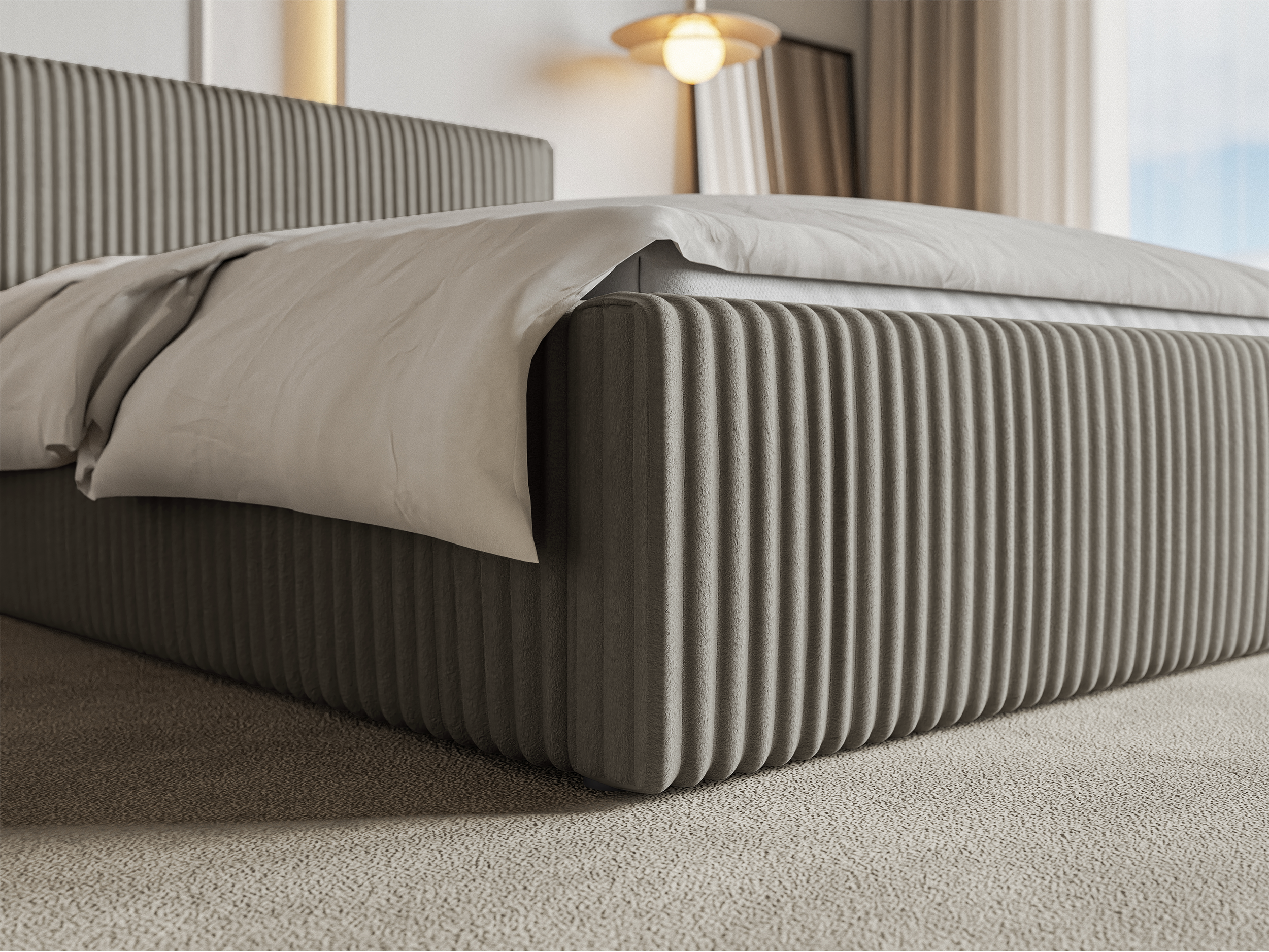 Polsterbett 140x200 cm Tilio mit Stauraum, Metallrahmen, grau-beige, dicker Cordstoff