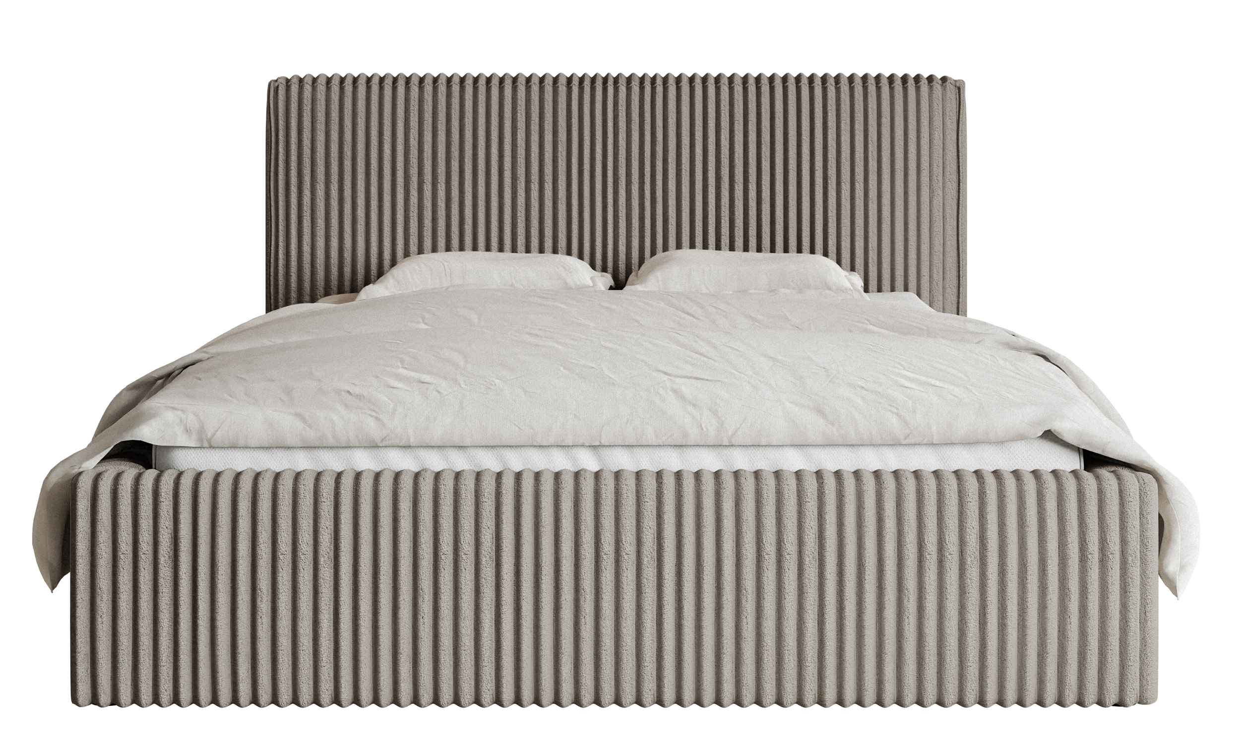 Polsterbett 140x200 cm Tilio mit Stauraum, Metallrahmen, grau-beige, dicker Cordstoff