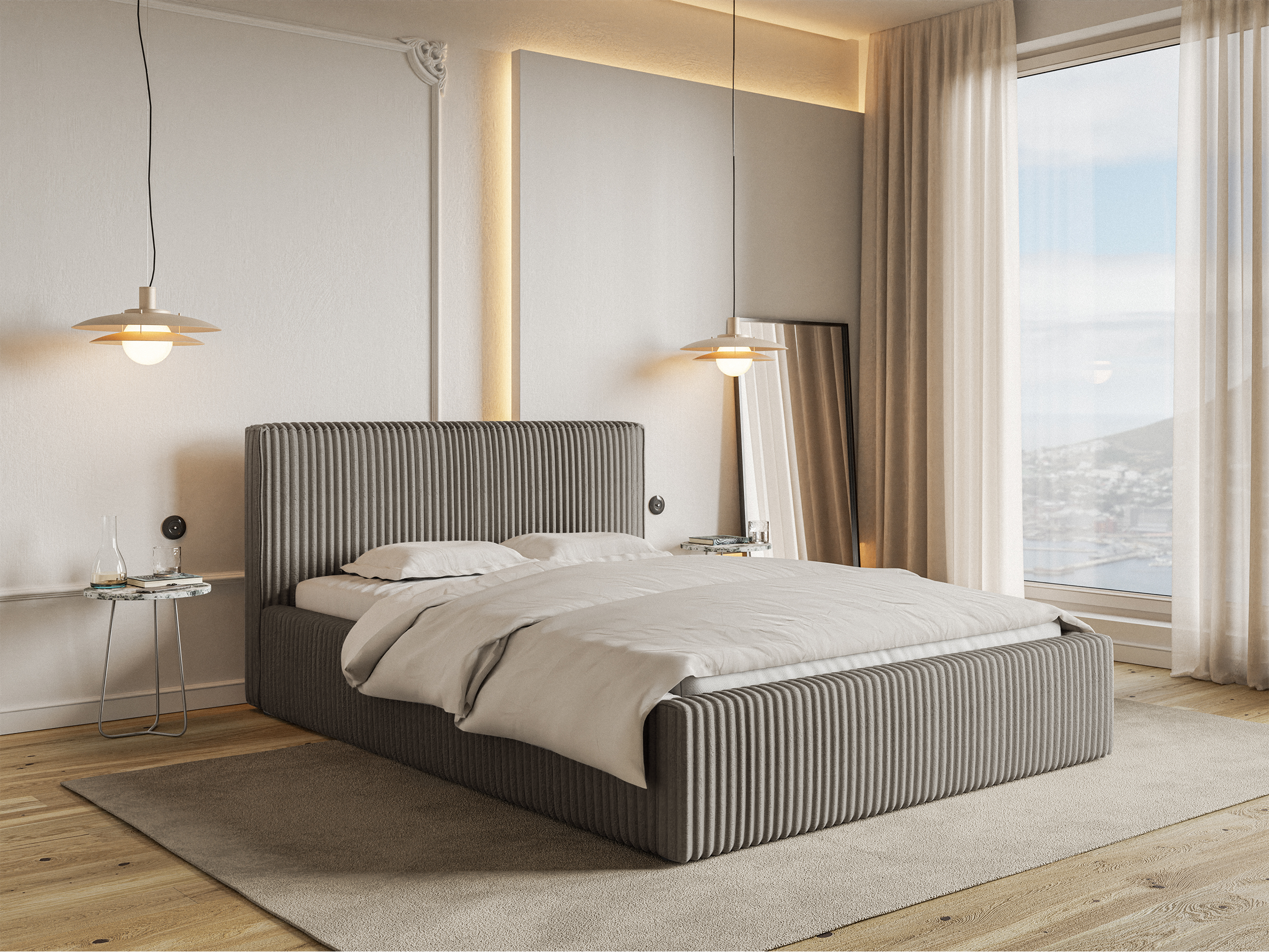 Polsterbett 140x200 cm Tilio mit Stauraum, Metallrahmen, grau-beige, dicker Cordstoff