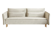 Drei-Sitzer-Schlafsofa Ummo mit Stauraum, cremefarbener Veloursstoff, wasserabweisend, goldene Beine