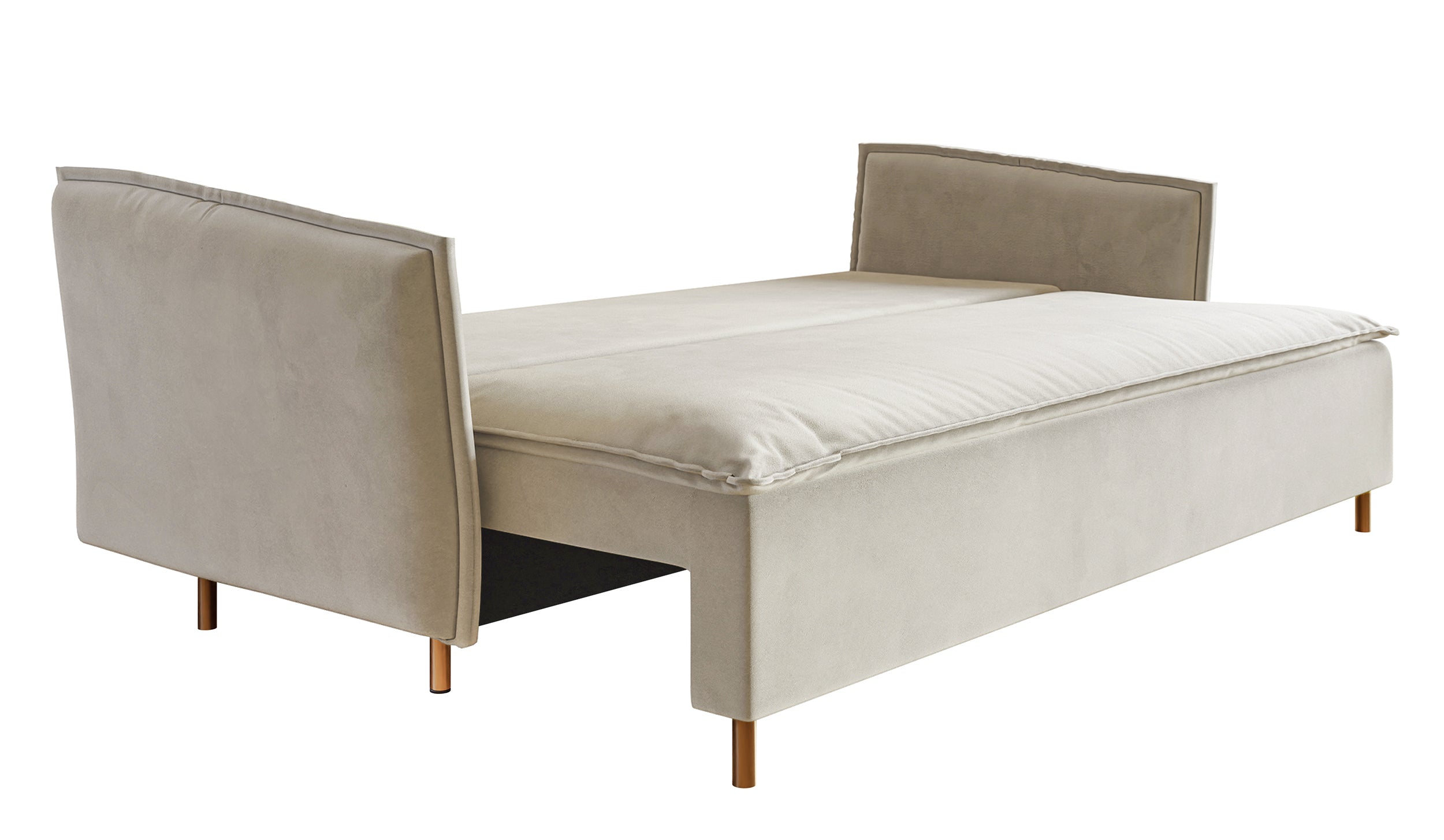 Drei-Sitzer-Schlafsofa Ummo mit Stauraum, cremefarbener Veloursstoff, wasserabweisend, goldene Beine