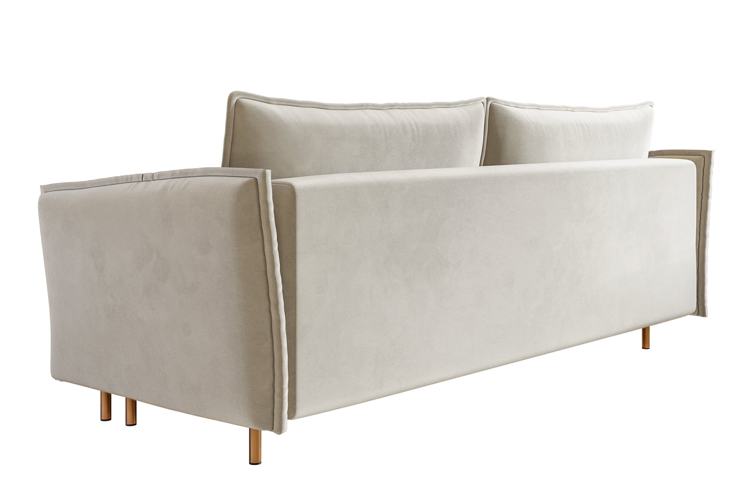 Drei-Sitzer-Schlafsofa Ummo mit Stauraum, cremefarbener Veloursstoff, wasserabweisend, goldene Beine
