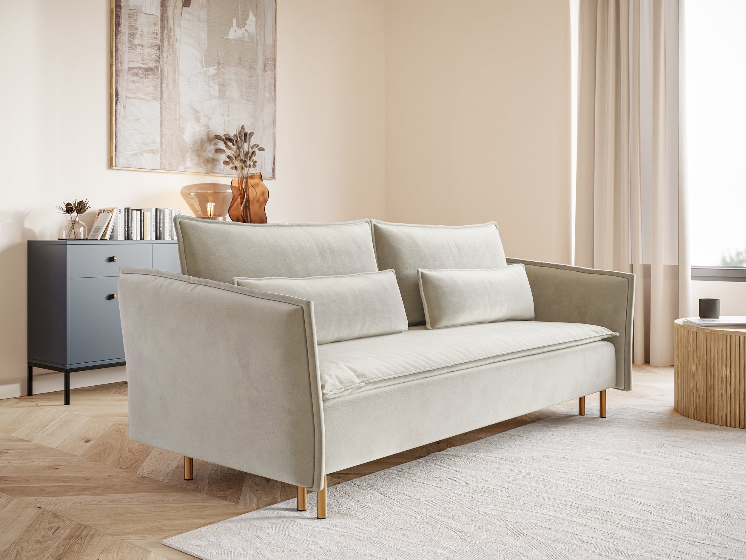 Drei-Sitzer-Schlafsofa Ummo mit Stauraum, cremefarbener Veloursstoff, wasserabweisend, goldene Beine