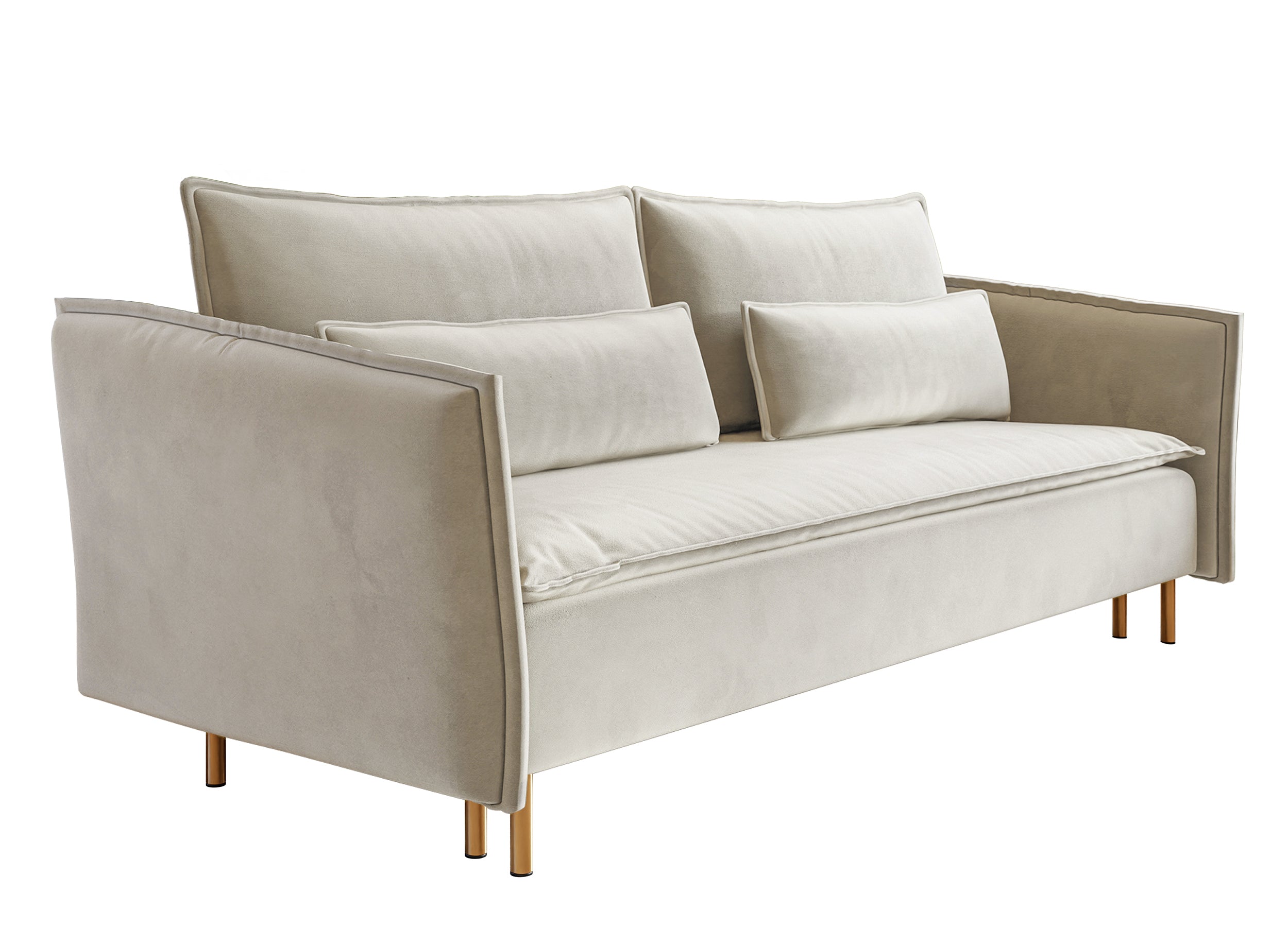 Drei-Sitzer-Schlafsofa Ummo mit Stauraum, cremefarbener Veloursstoff, wasserabweisend, goldene Beine