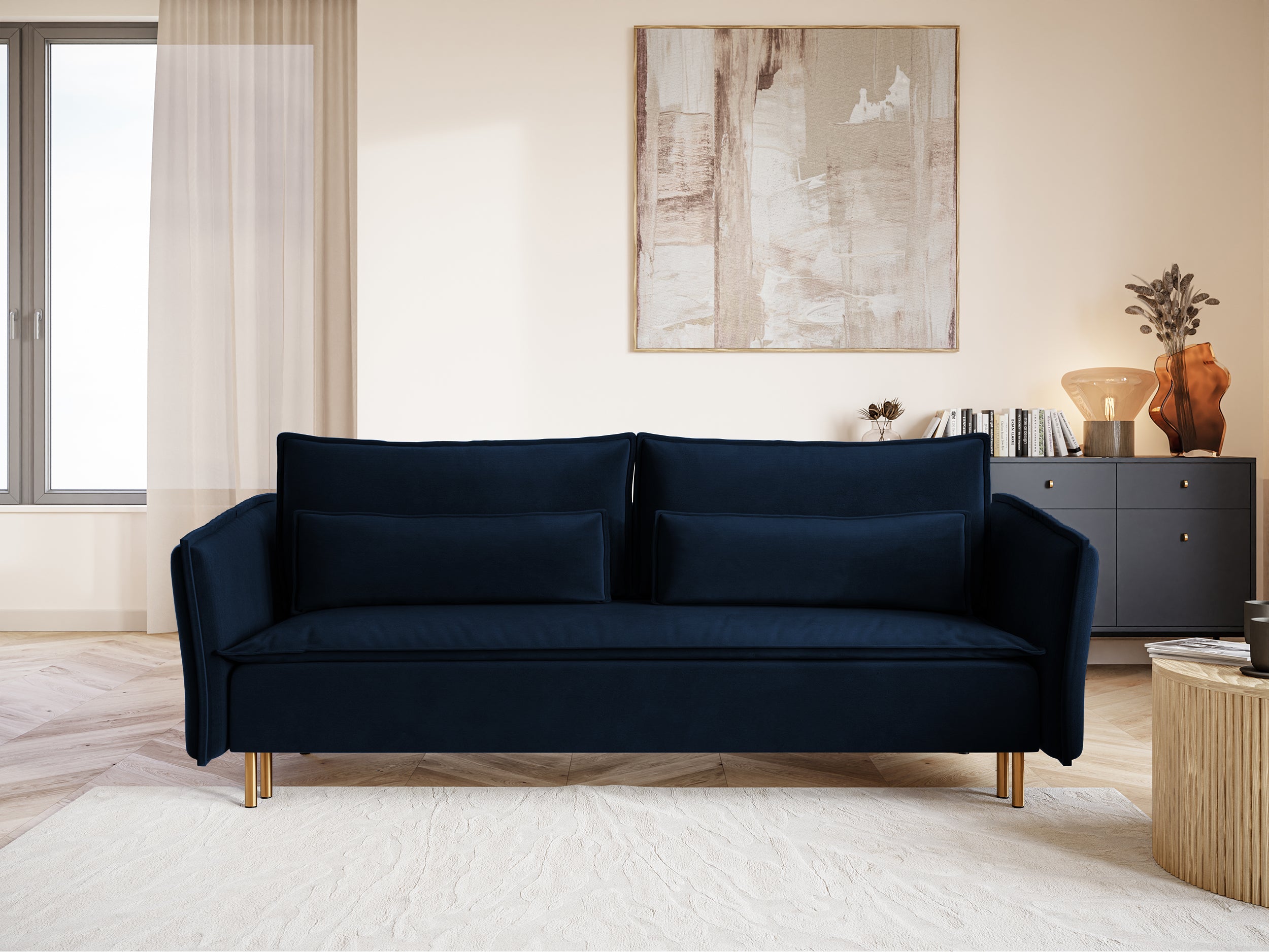 Dreisitziges ausklappbares Sofa Ummo in Marineblau mit Stauraum aus wasserabweisendem Veloursstoff, goldene Beine