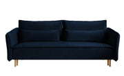 Dreisitziges ausklappbares Sofa Ummo in Marineblau mit Stauraum aus wasserabweisendem Veloursstoff, goldene Beine