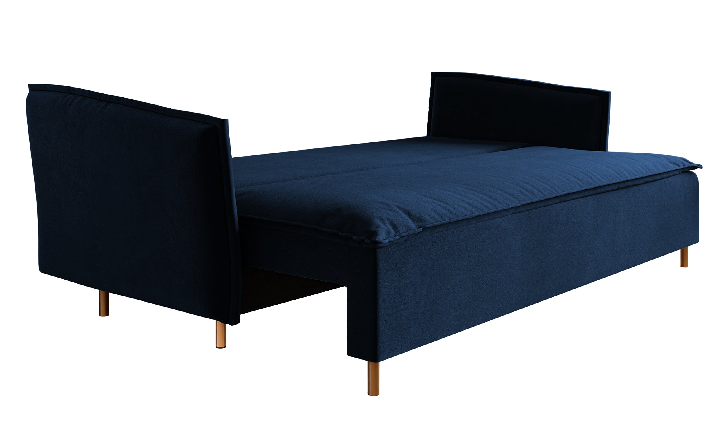 Dreisitziges ausklappbares Sofa Ummo in Marineblau mit Stauraum aus wasserabweisendem Veloursstoff, goldene Beine