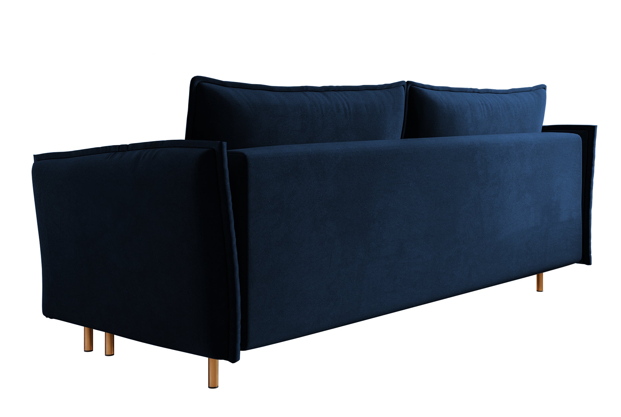 Dreisitziges ausklappbares Sofa Ummo in Marineblau mit Stauraum aus wasserabweisendem Veloursstoff, goldene Beine