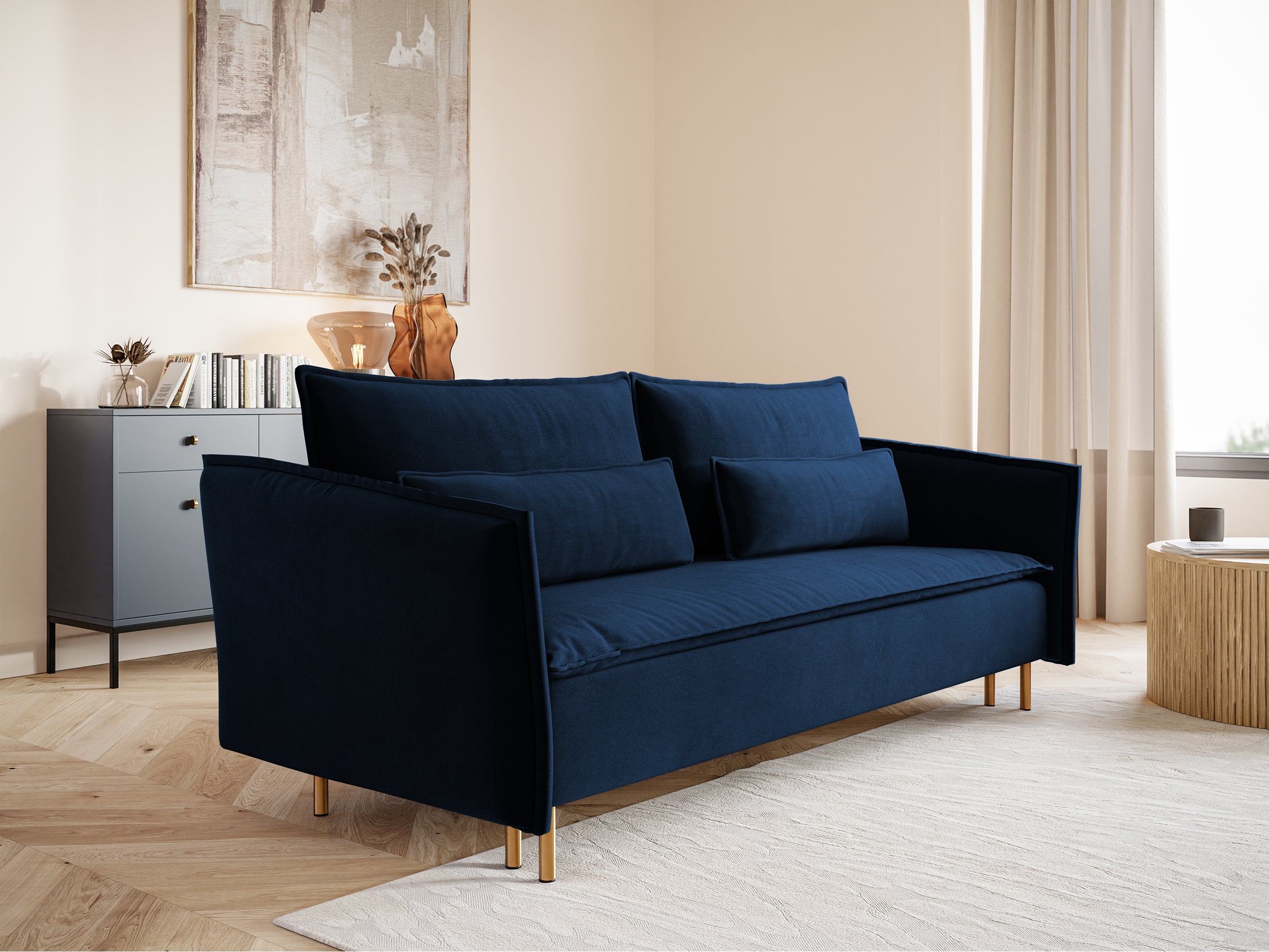 Dreisitziges ausklappbares Sofa Ummo in Marineblau mit Stauraum aus wasserabweisendem Veloursstoff, goldene Beine