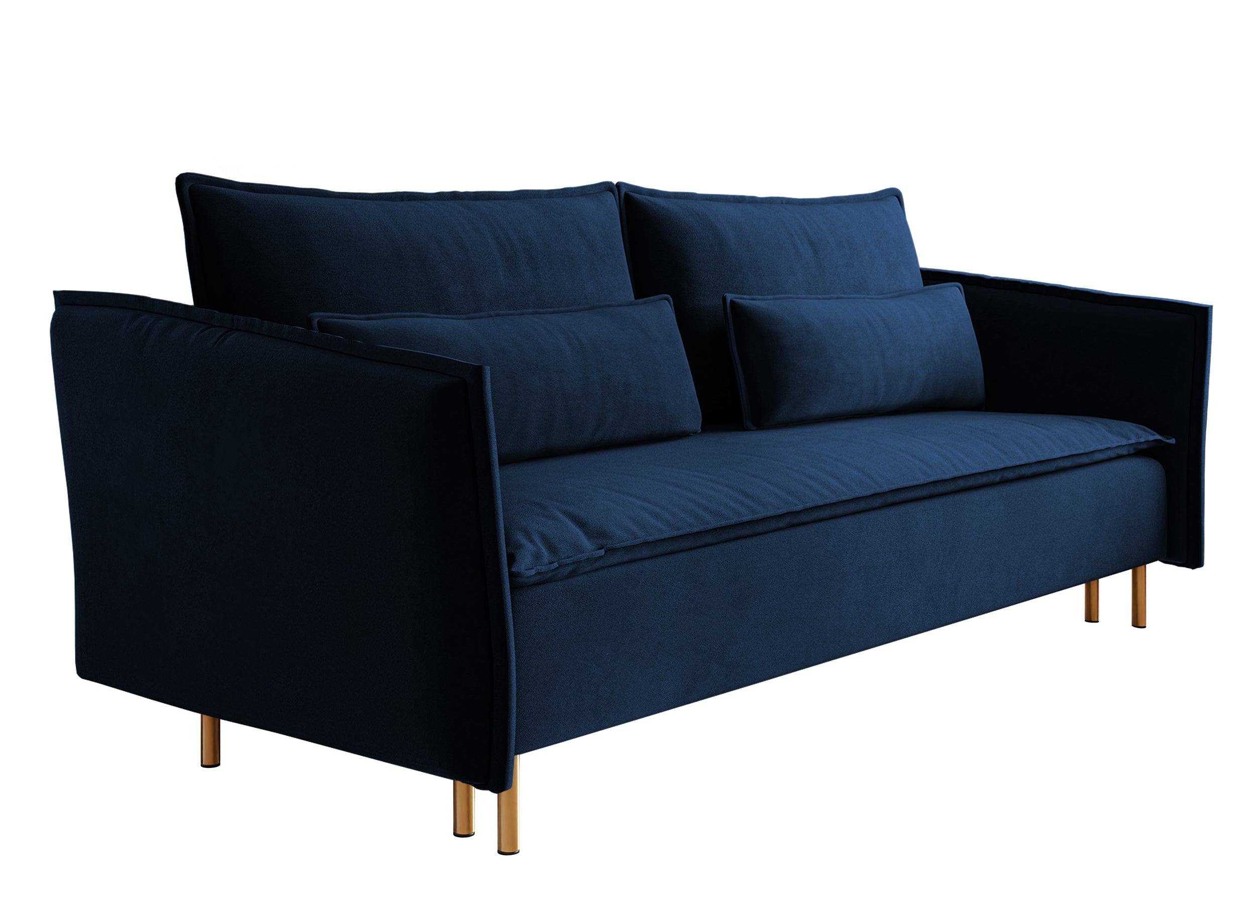 Dreisitziges ausklappbares Sofa Ummo in Marineblau mit Stauraum aus wasserabweisendem Veloursstoff, goldene Beine