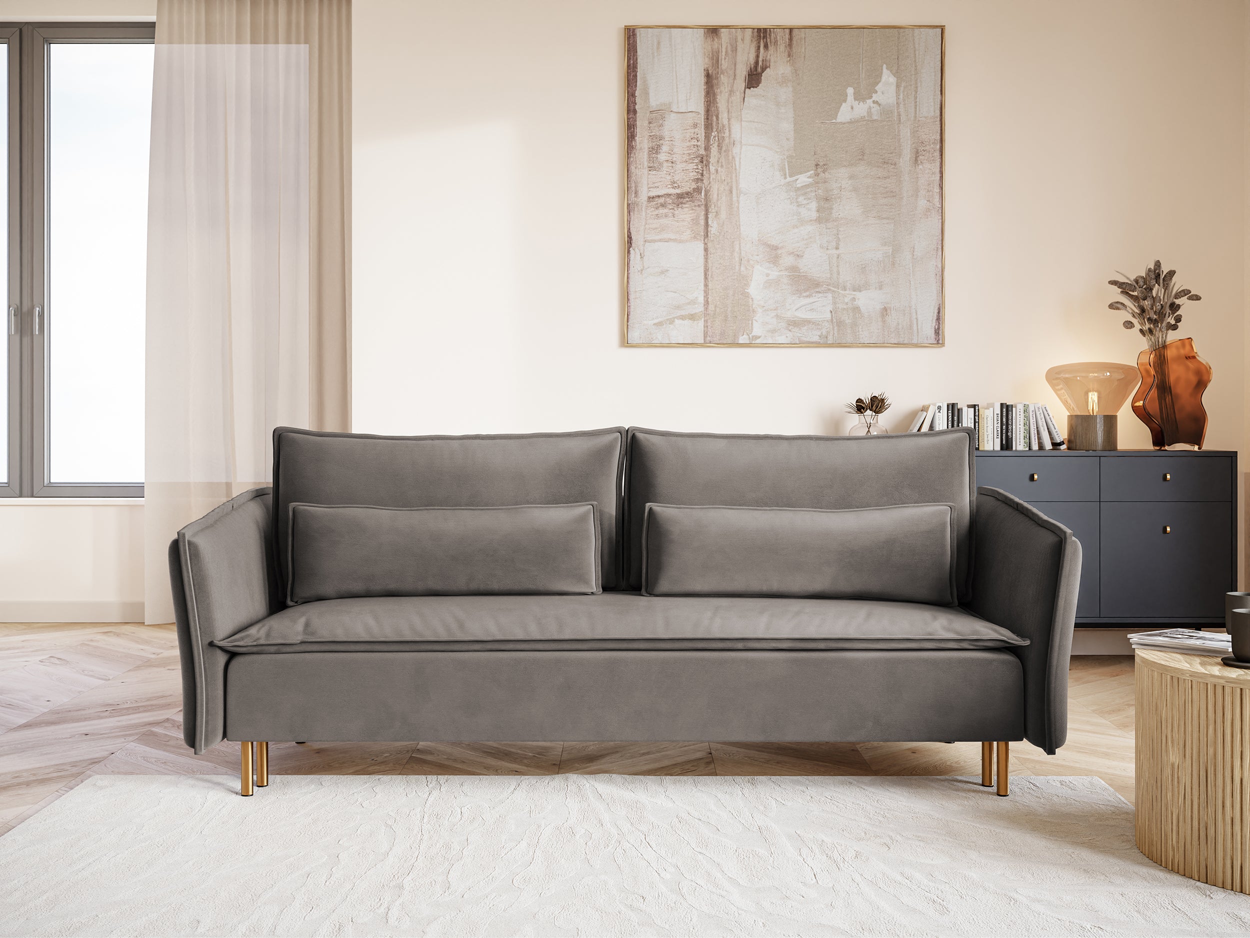Dreisitziges ausklappbares Sofa Ummo in Grau mit Stauraum aus hydrophobem Samtstoff und goldenen Beinen