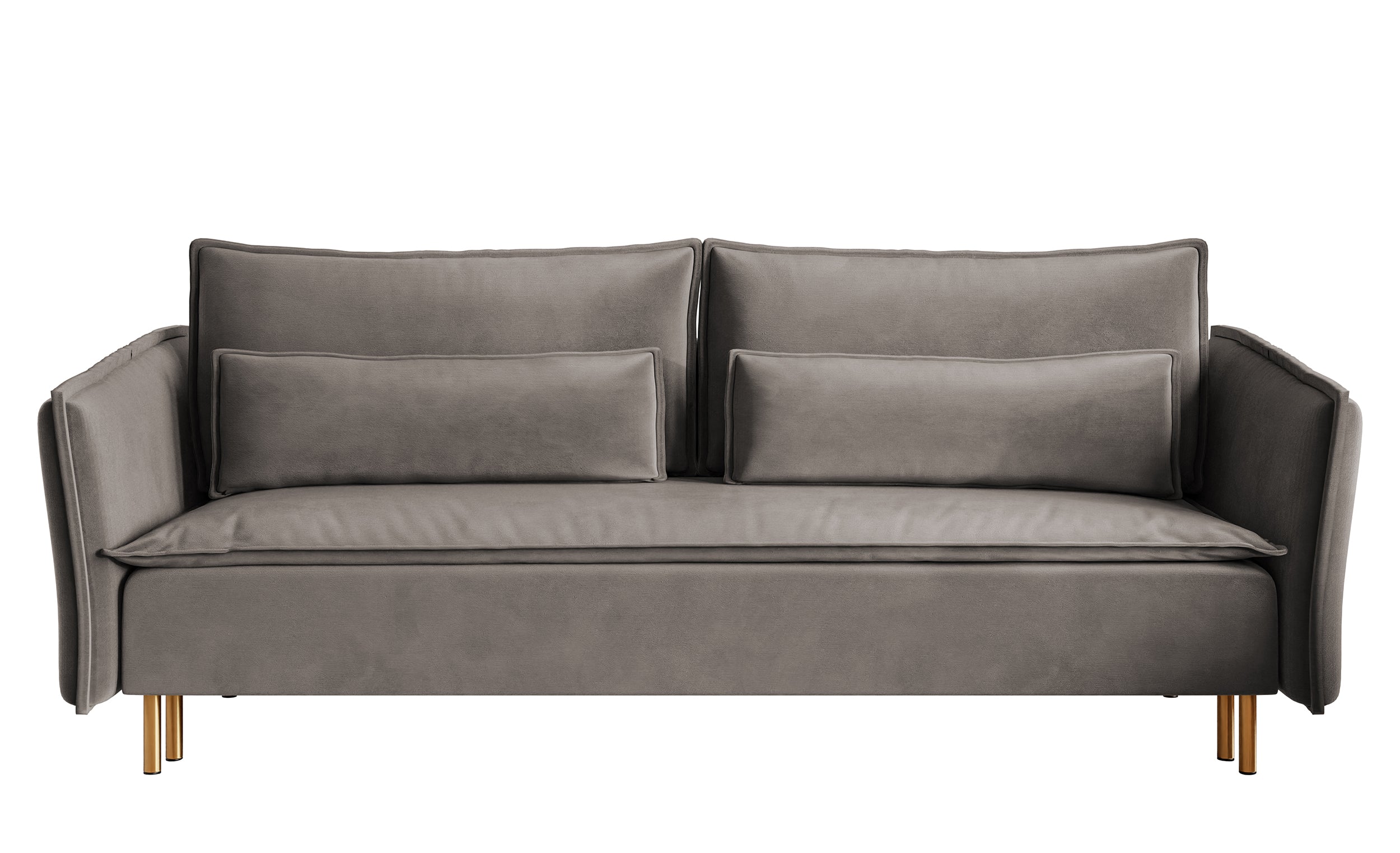Dreisitziges ausklappbares Sofa Ummo in Grau mit Stauraum aus hydrophobem Samtstoff und goldenen Beinen