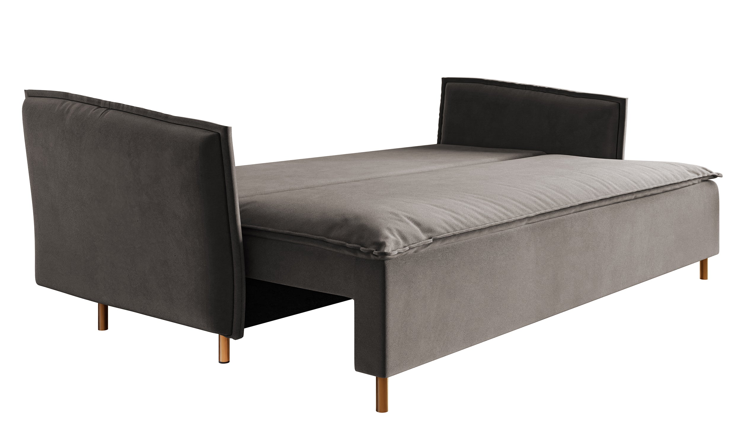 Dreisitziges ausklappbares Sofa Ummo in Grau mit Stauraum aus hydrophobem Samtstoff und goldenen Beinen