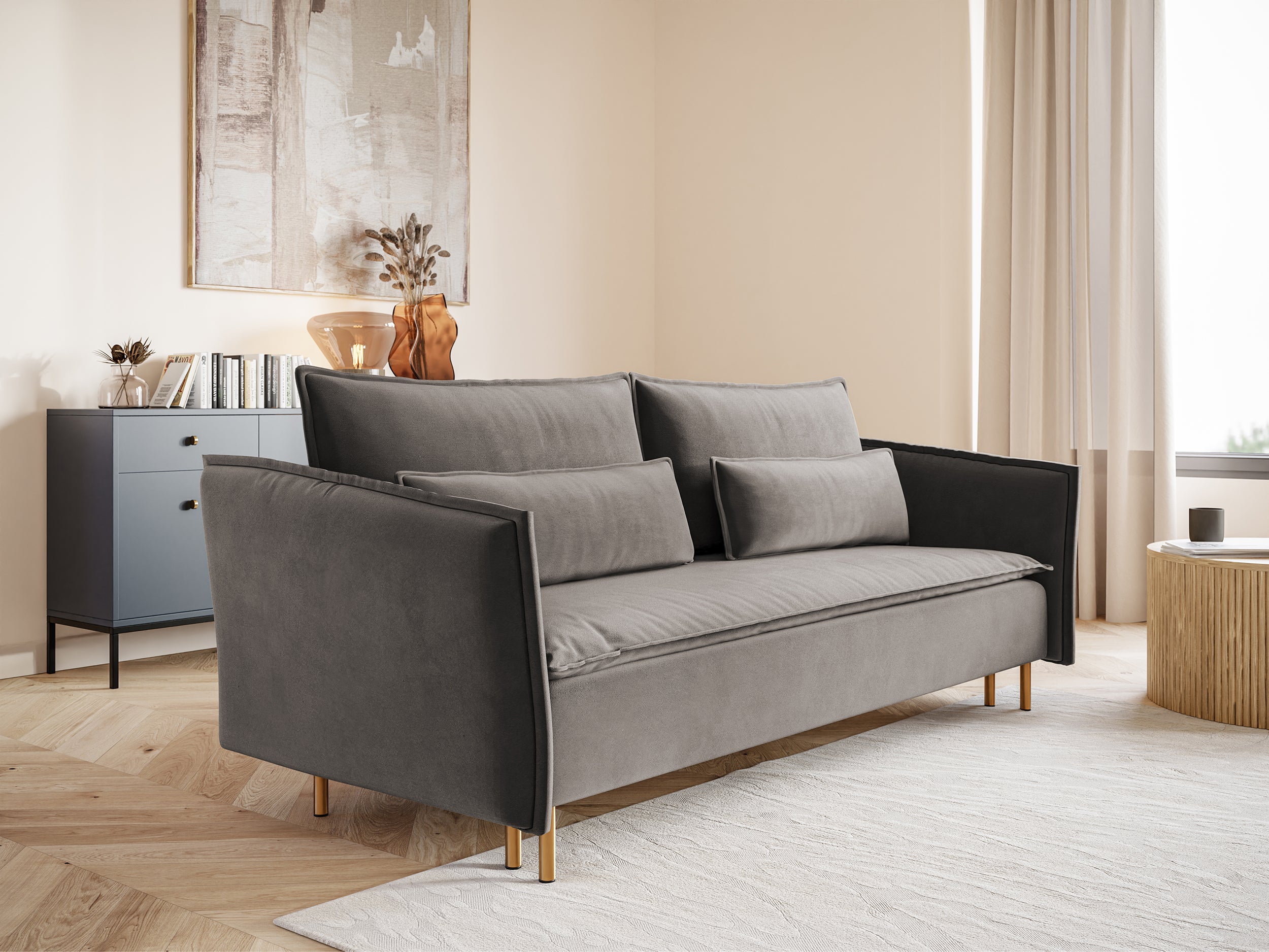Dreisitziges ausklappbares Sofa Ummo in Grau mit Stauraum aus hydrophobem Samtstoff und goldenen Beinen
