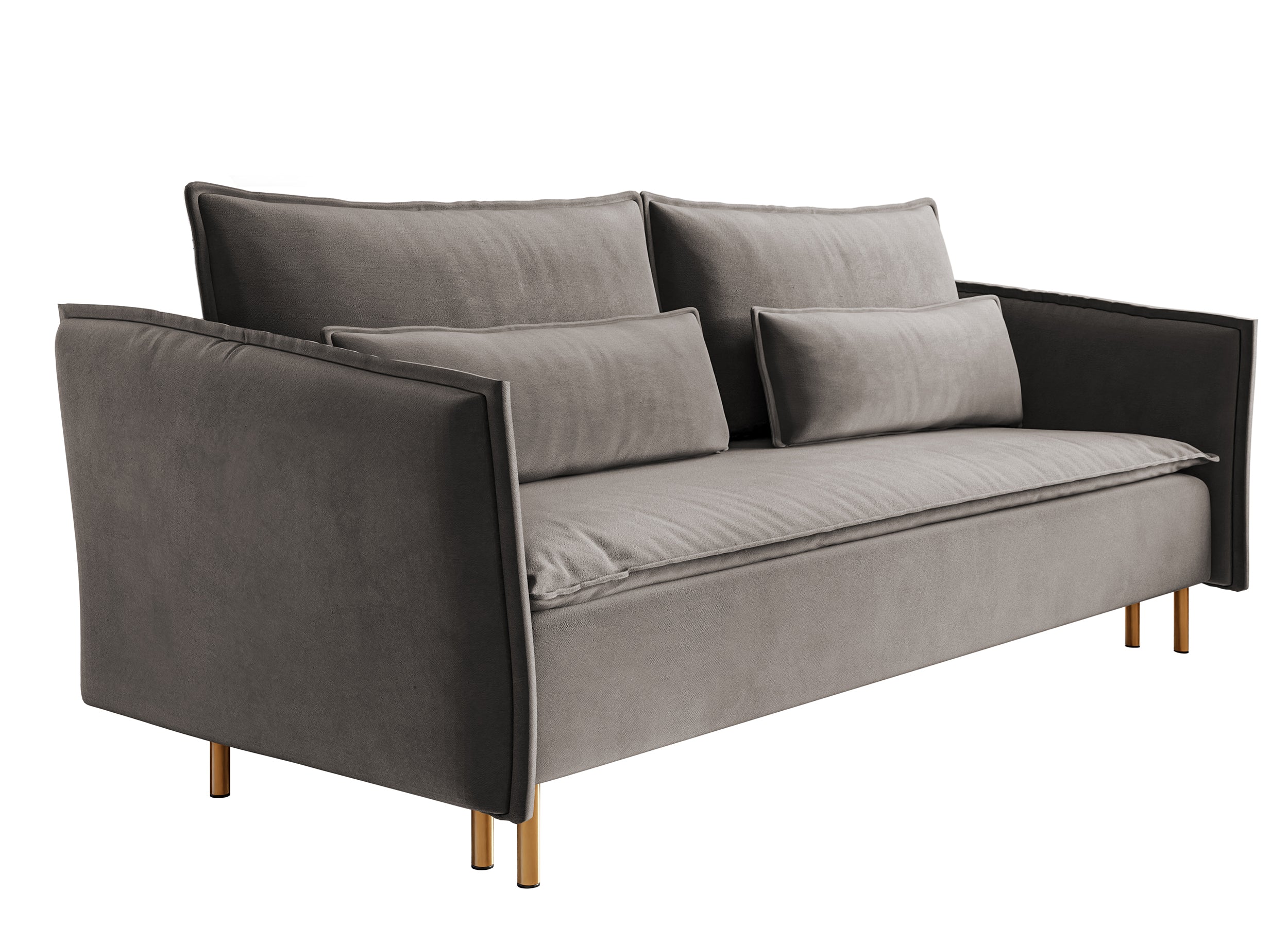 Dreisitziges ausklappbares Sofa Ummo in Grau mit Stauraum aus hydrophobem Samtstoff und goldenen Beinen