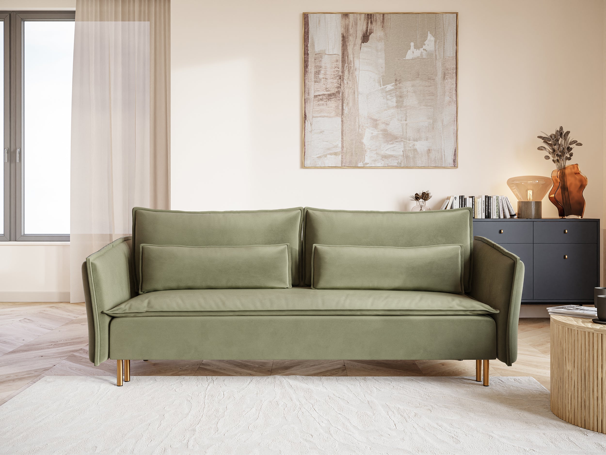 Dreisitziges ausklappbares Sofa Ummo in Salbeigrün mit Stauraum, aus hydrophobem Veloursstoff, goldene Beine