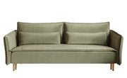 Dreisitziges ausklappbares Sofa Ummo in Salbeigrün mit Stauraum, aus hydrophobem Veloursstoff, goldene Beine