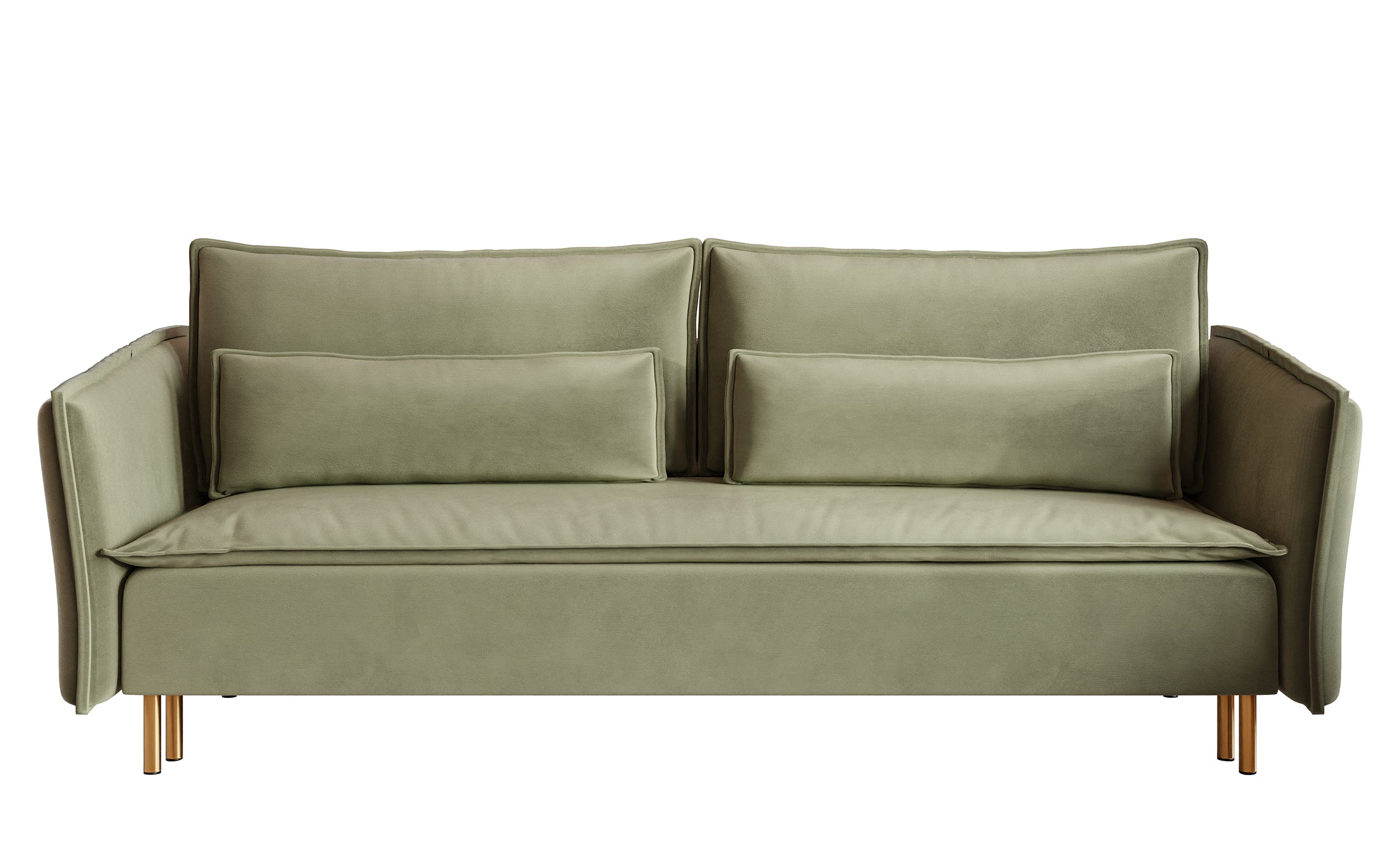 Dreisitziges ausklappbares Sofa Ummo in Salbeigrün mit Stauraum, aus hydrophobem Veloursstoff, goldene Beine
