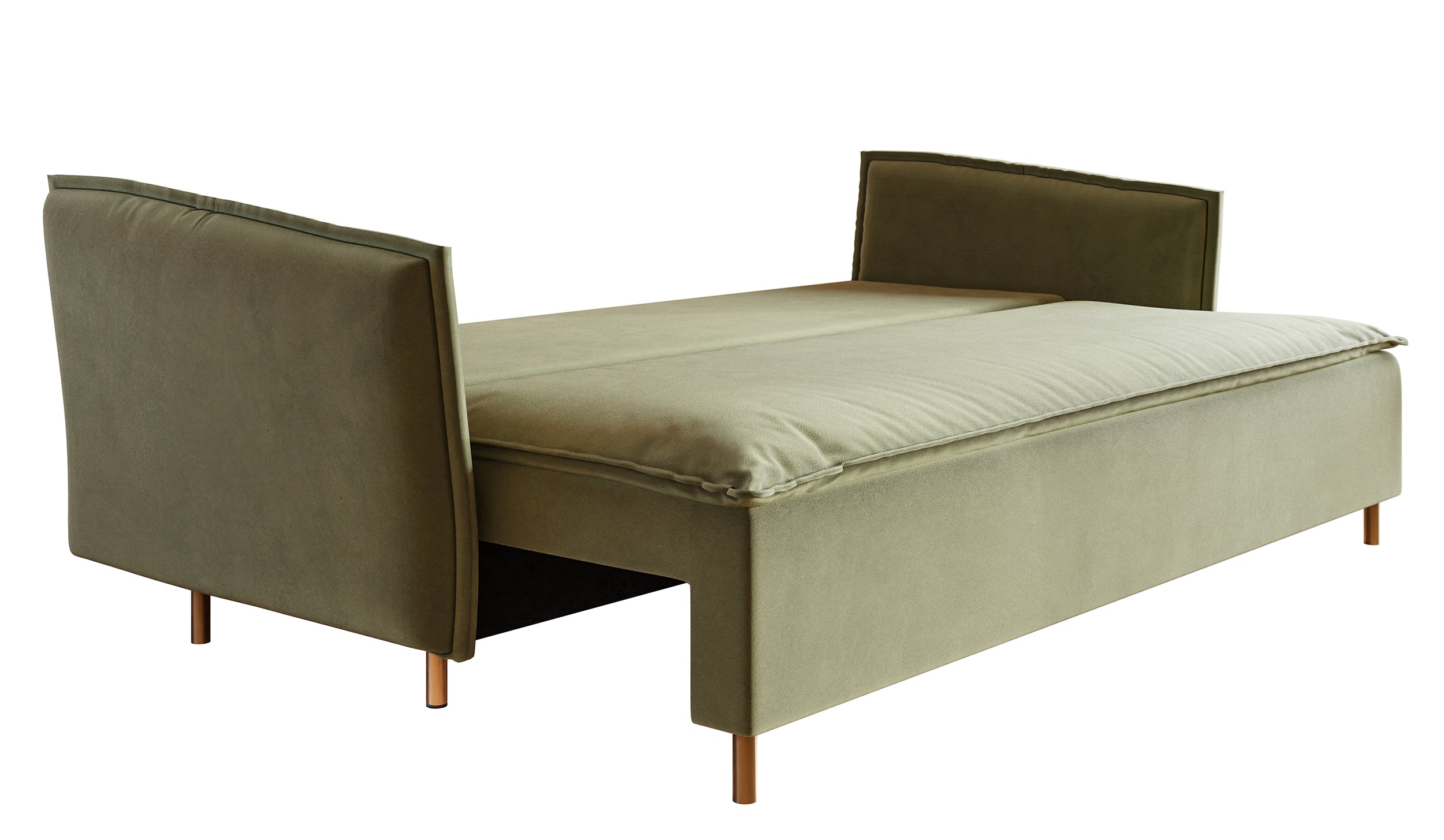 Dreisitziges ausklappbares Sofa Ummo in Salbeigrün mit Stauraum, aus hydrophobem Veloursstoff, goldene Beine