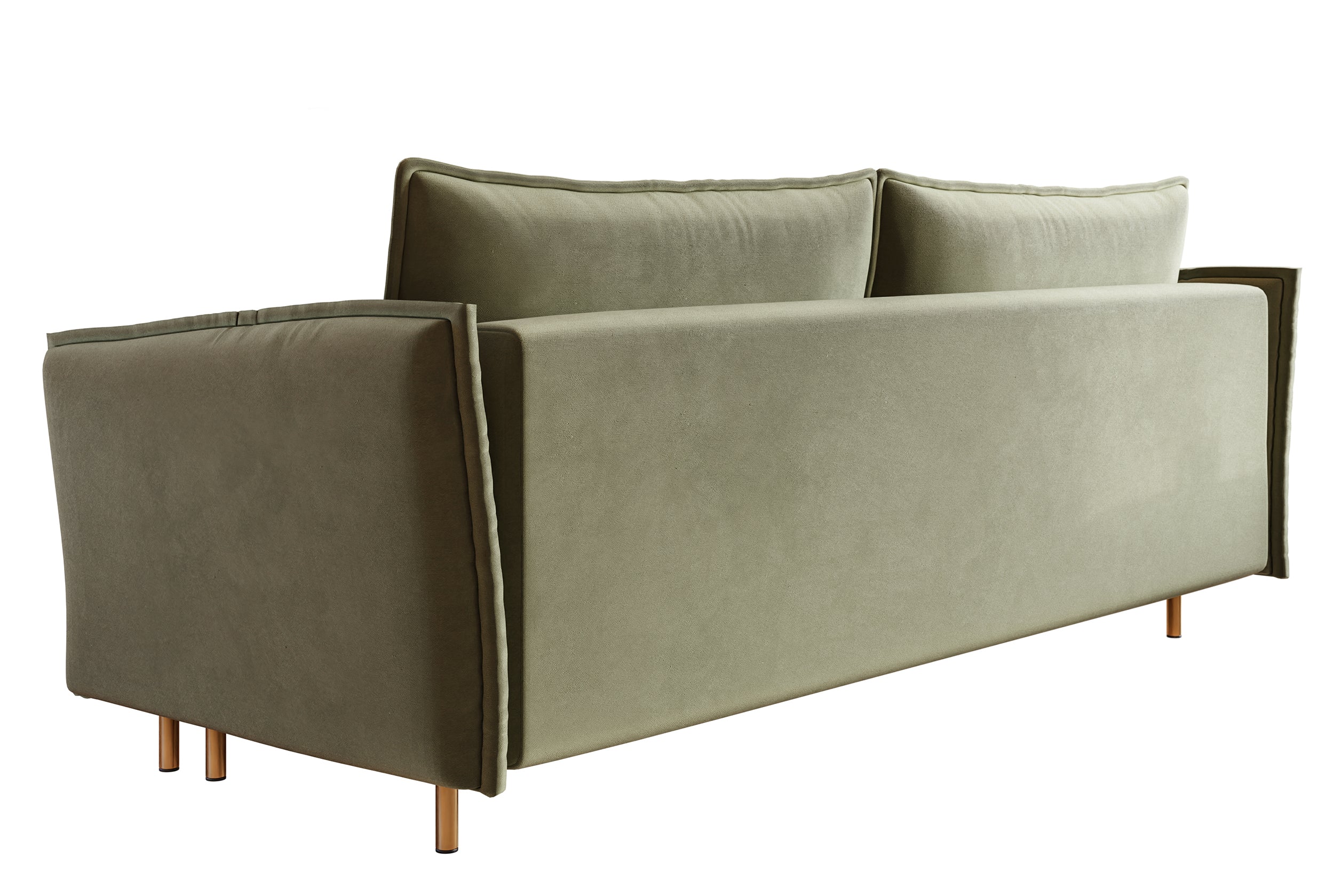 Dreisitziges ausklappbares Sofa Ummo in Salbeigrün mit Stauraum, aus hydrophobem Veloursstoff, goldene Beine