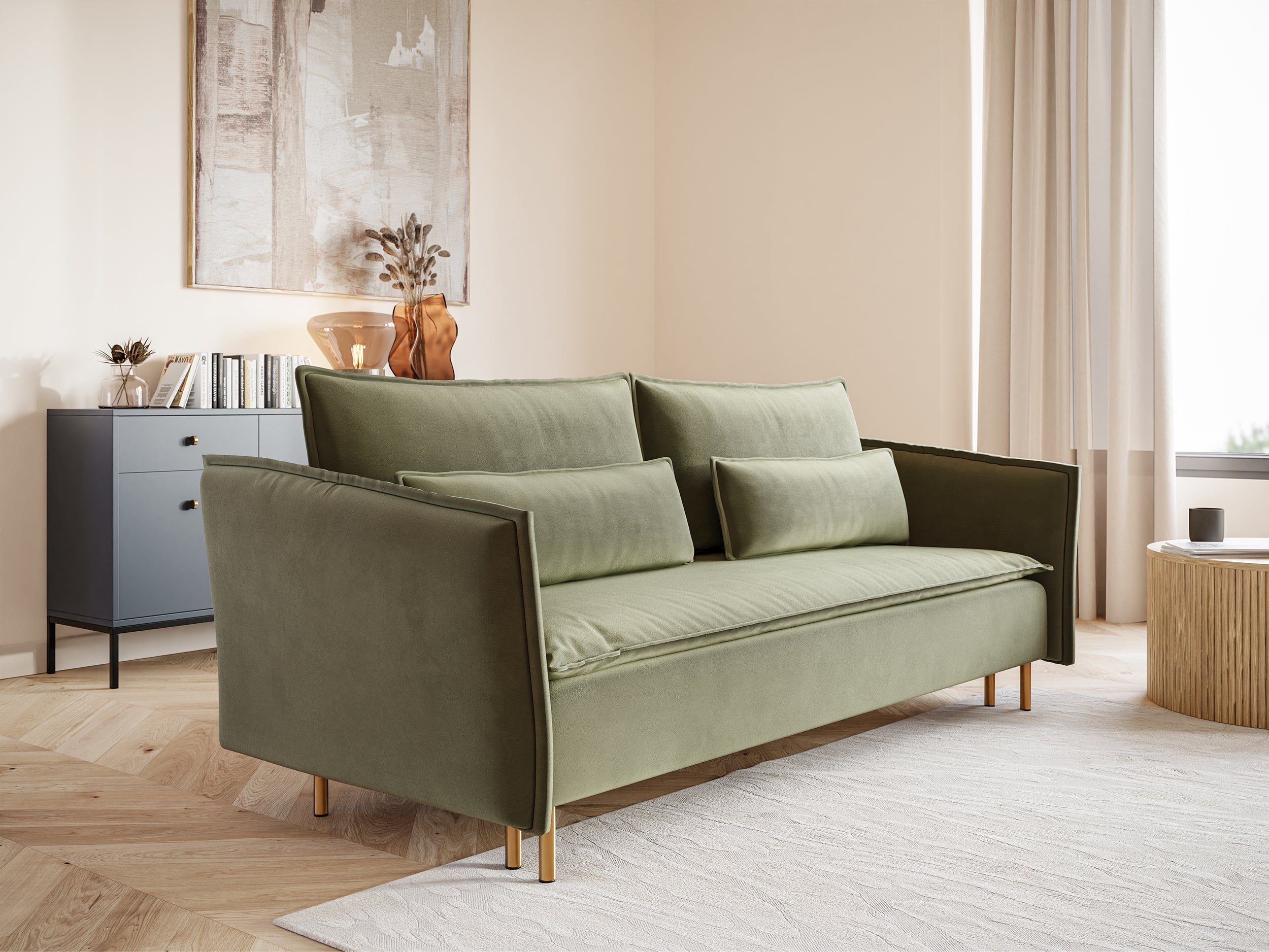 Dreisitziges ausklappbares Sofa Ummo in Salbeigrün mit Stauraum, aus hydrophobem Veloursstoff, goldene Beine