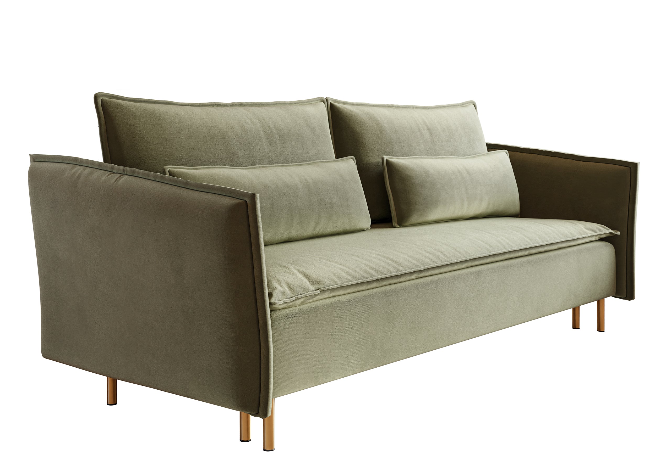 Dreisitziges ausklappbares Sofa Ummo in Salbeigrün mit Stauraum, aus hydrophobem Veloursstoff, goldene Beine