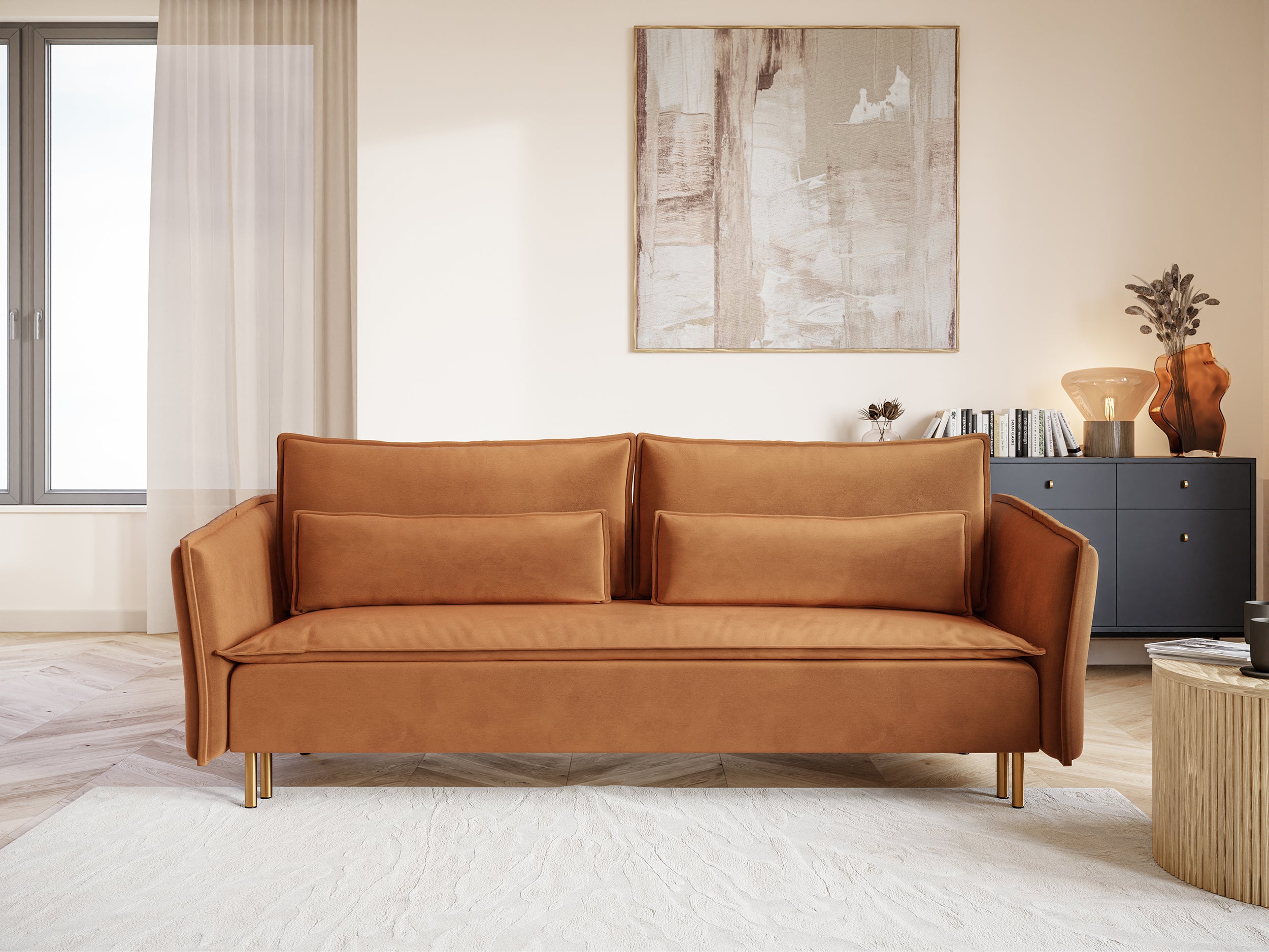 Dreisitziges ausklappbares Sofa Ummo in Kupfer mit Stauraum, wasserabweisendem Samtstoff und goldenen Beinen