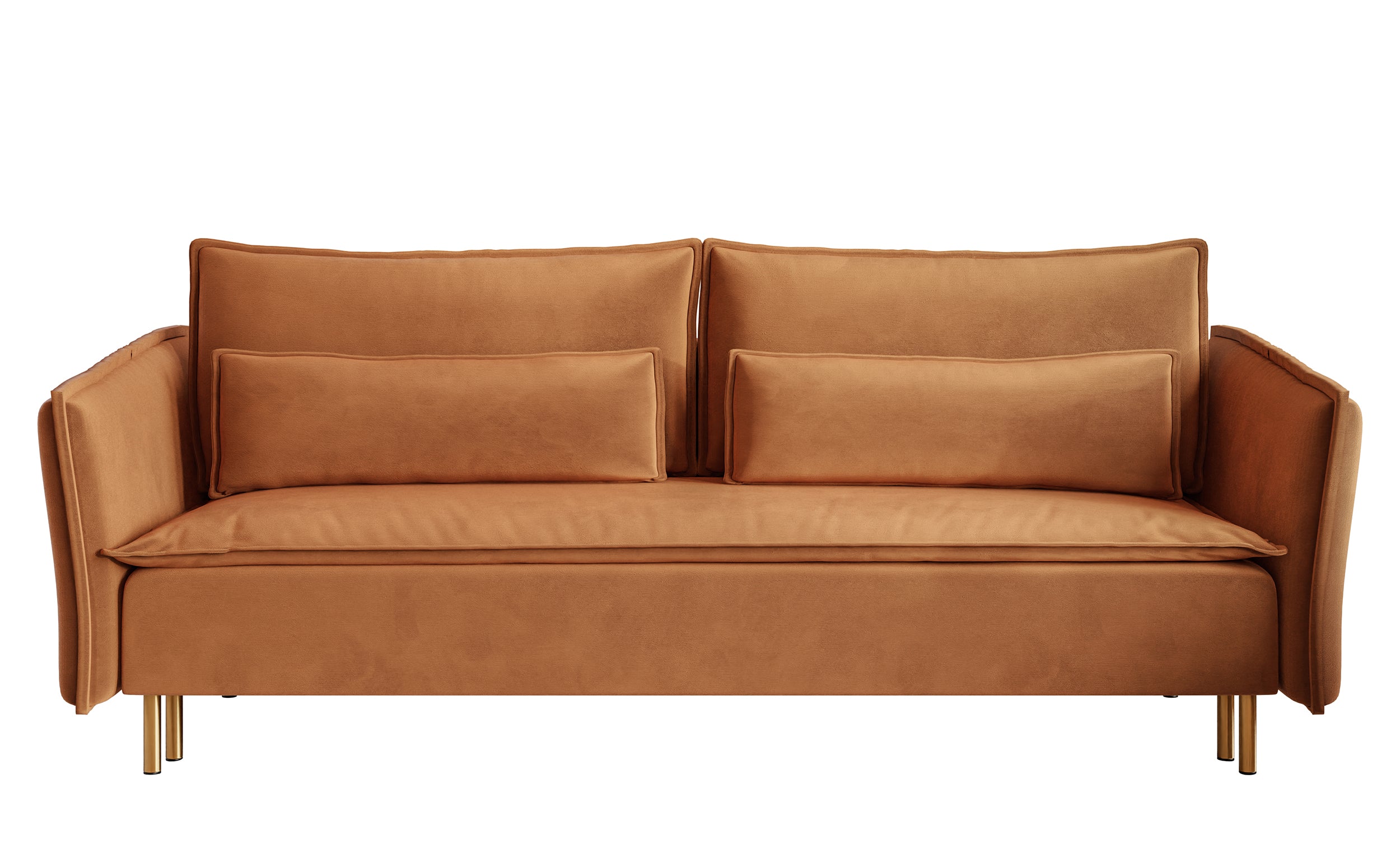 Dreisitziges ausklappbares Sofa Ummo in Kupfer mit Stauraum, wasserabweisendem Samtstoff und goldenen Beinen