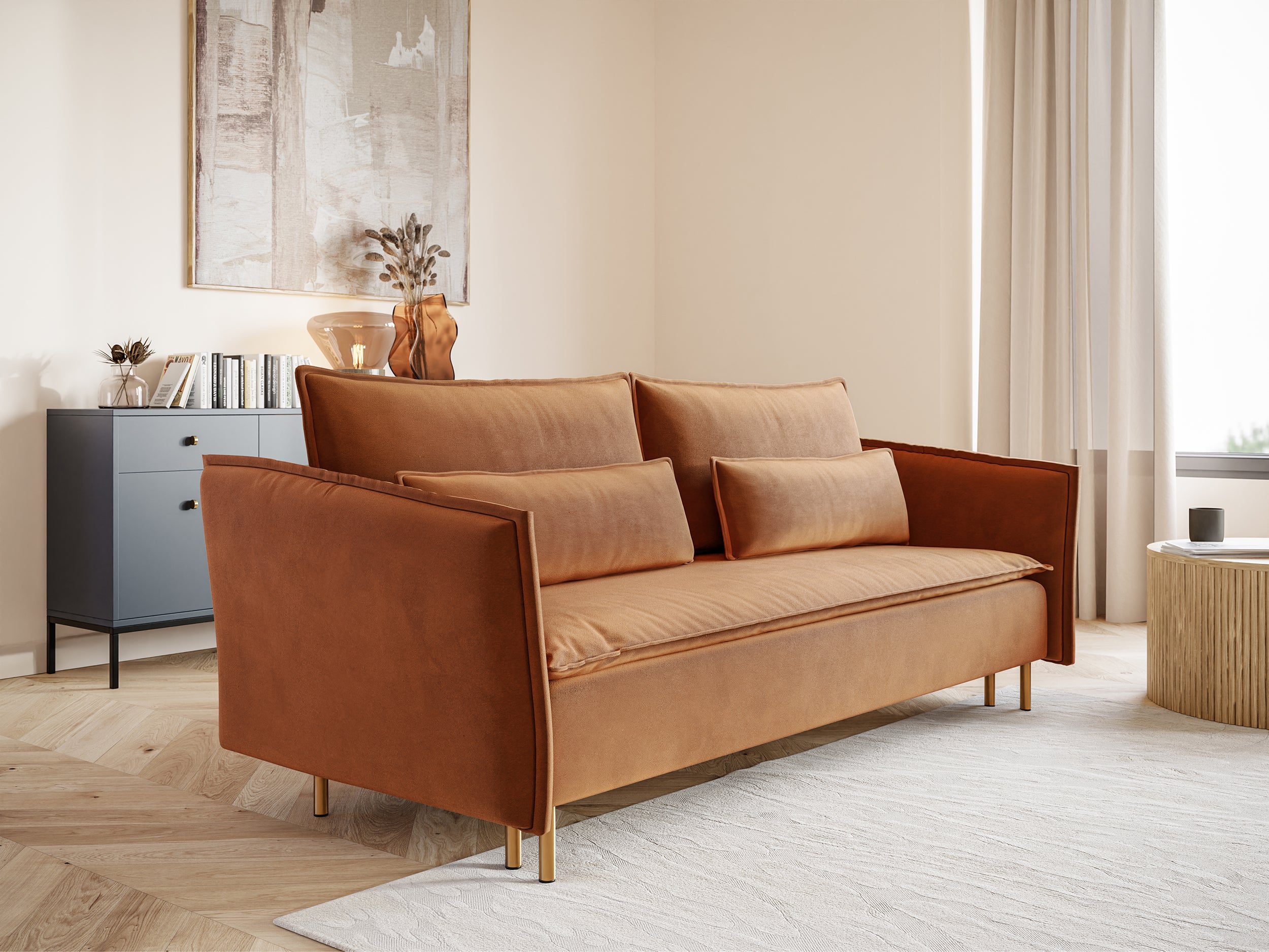 Dreisitziges ausklappbares Sofa Ummo in Kupfer mit Stauraum, wasserabweisendem Samtstoff und goldenen Beinen