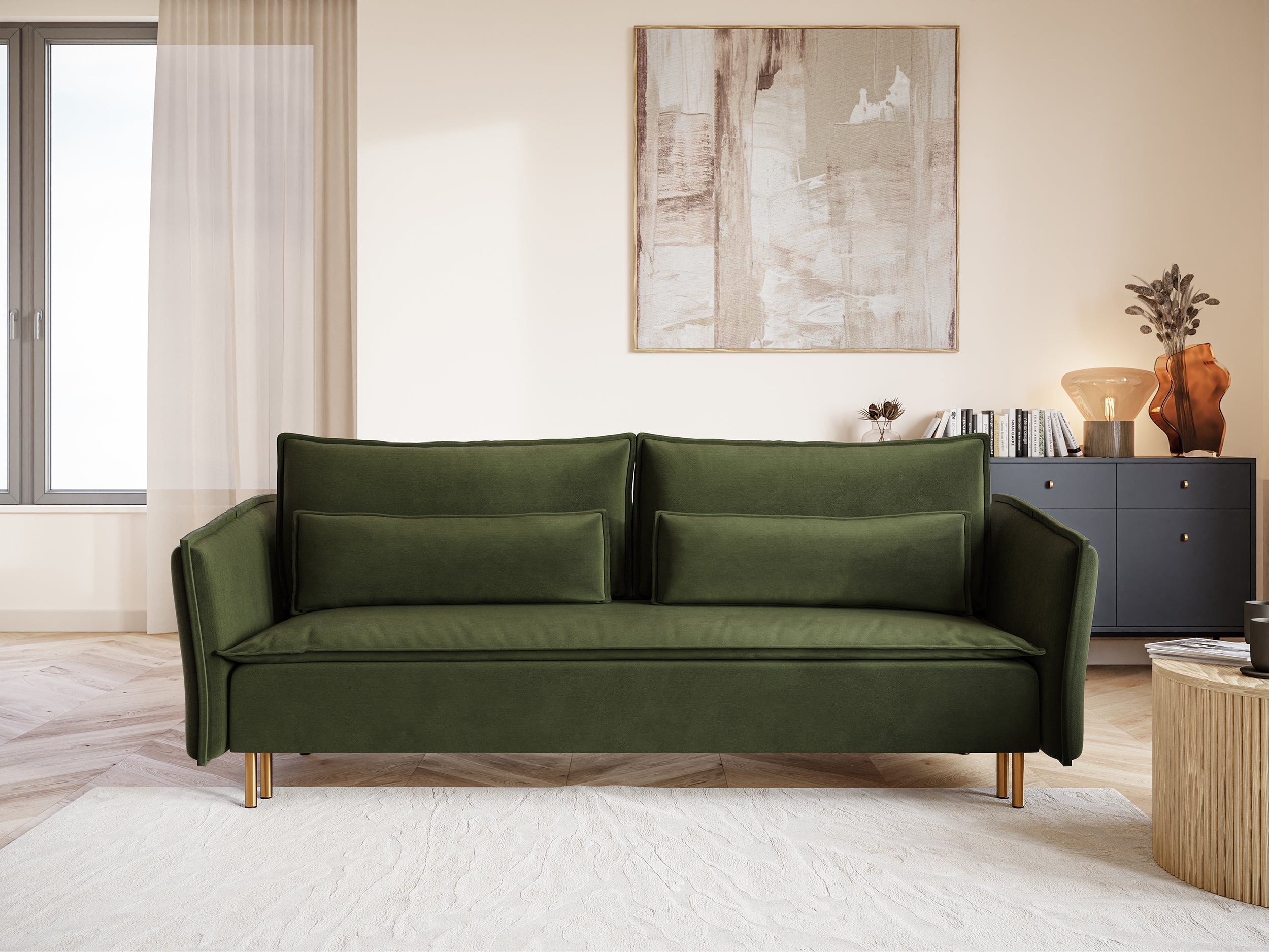 Dreisitziges ausklappbares Sofa Ummo in Olivgrün mit Stauraum, hydrophobem Samtstoff und goldfarbenen Beinen