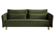 Dreisitziges ausklappbares Sofa Ummo in Olivgrün mit Stauraum, hydrophobem Samtstoff und goldfarbenen Beinen