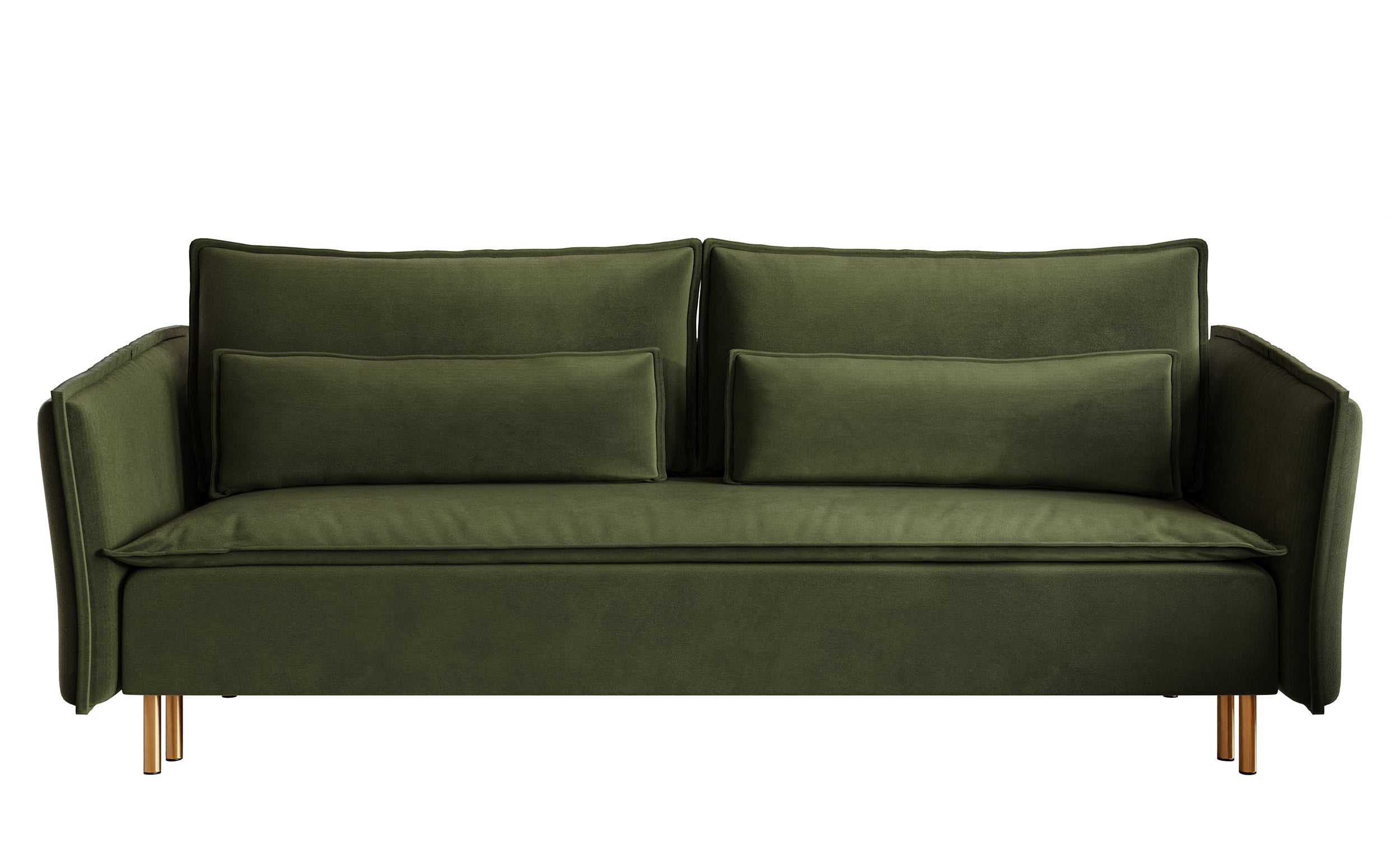 Dreisitziges ausklappbares Sofa Ummo in Olivgrün mit Stauraum, hydrophobem Samtstoff und goldfarbenen Beinen