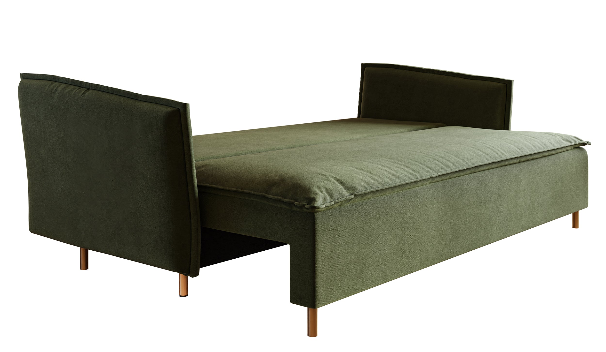Dreisitziges ausklappbares Sofa Ummo in Olivgrün mit Stauraum, hydrophobem Samtstoff und goldfarbenen Beinen